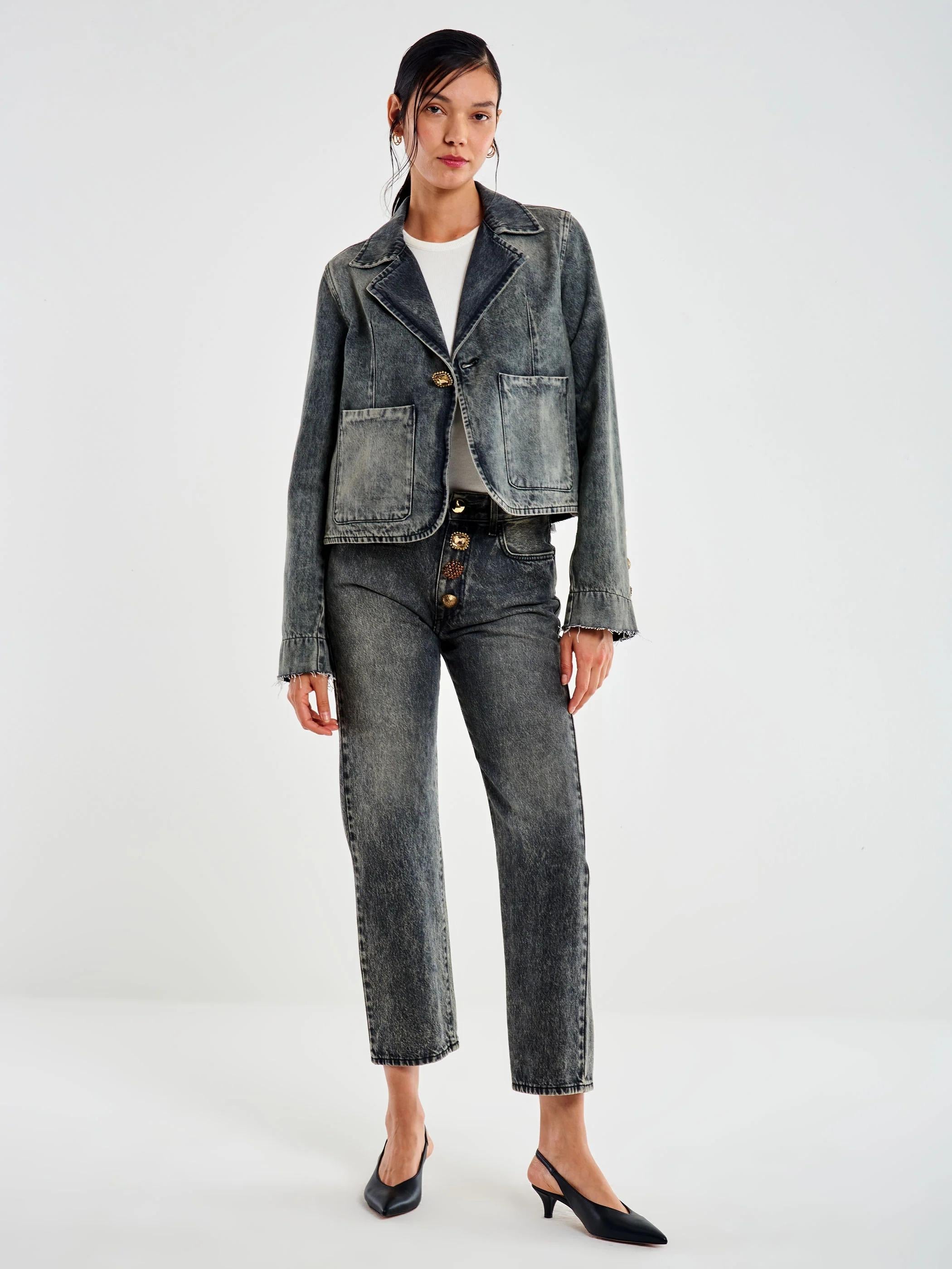 Giacca in Jeans Cropped con Bottoni Gioiello DF5044 NERO VICOLO 