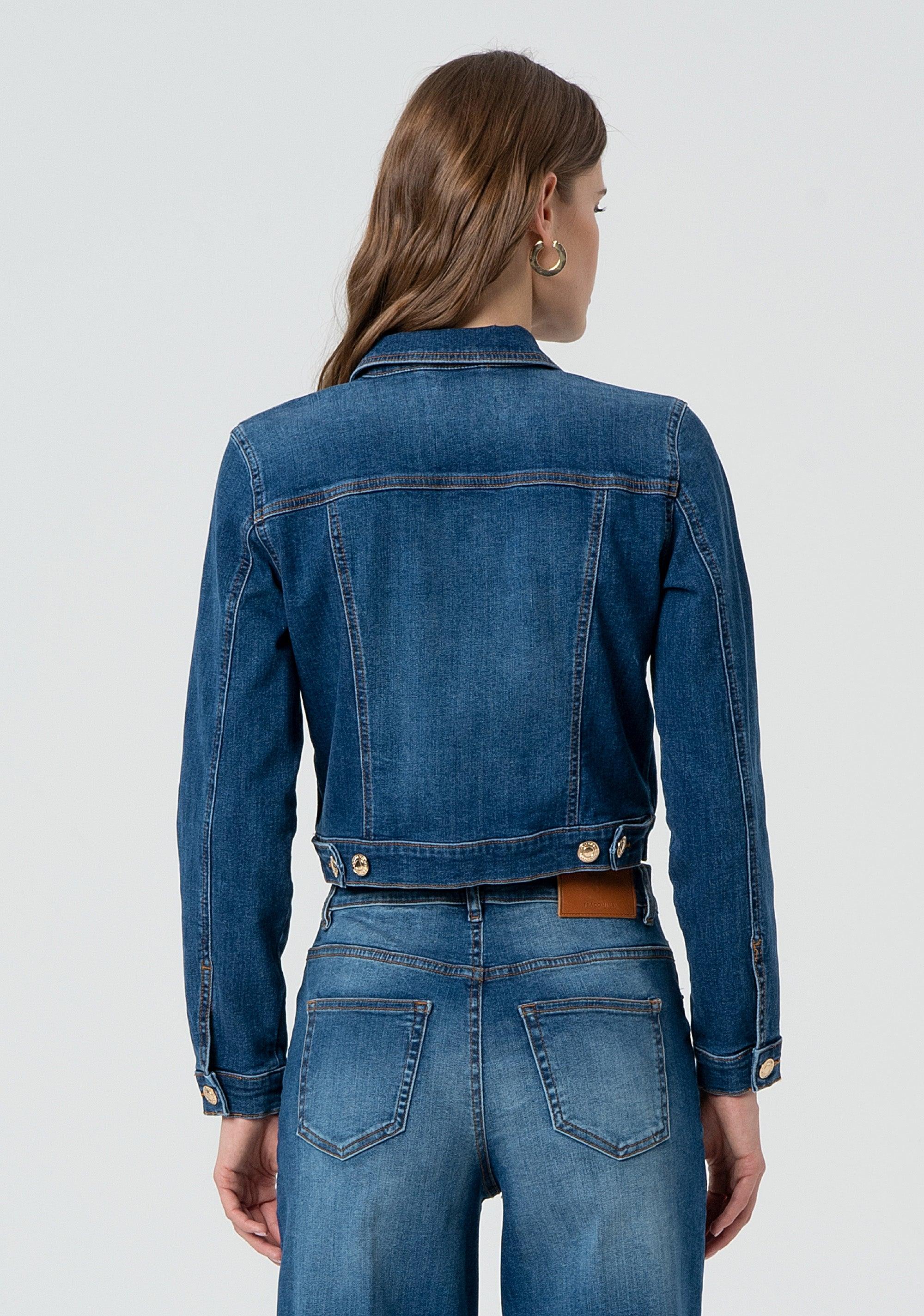 Giacca regular cropped in denim con lavaggio medio