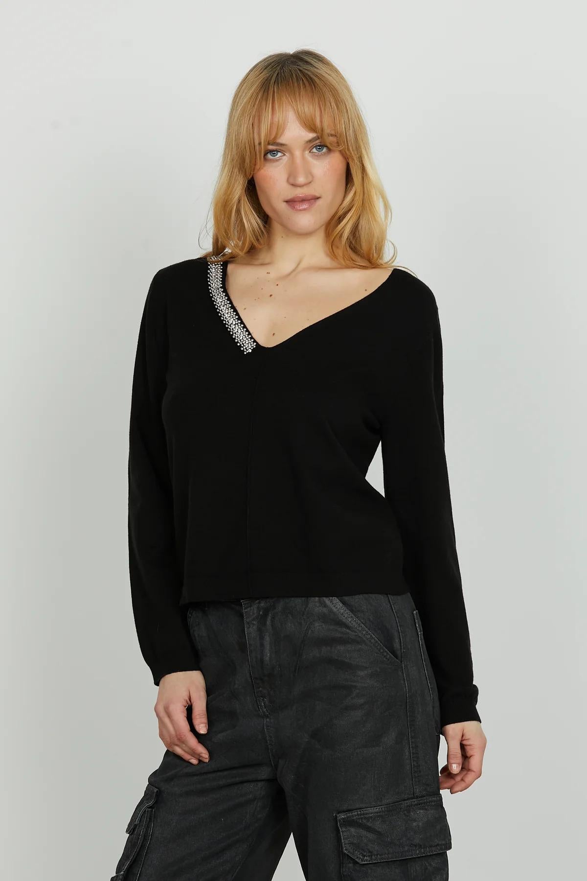 Relish Maglia LEVITA manica lunga scollo v con applicazione perline più strass black RDA2502605006 BLACK RELISH 