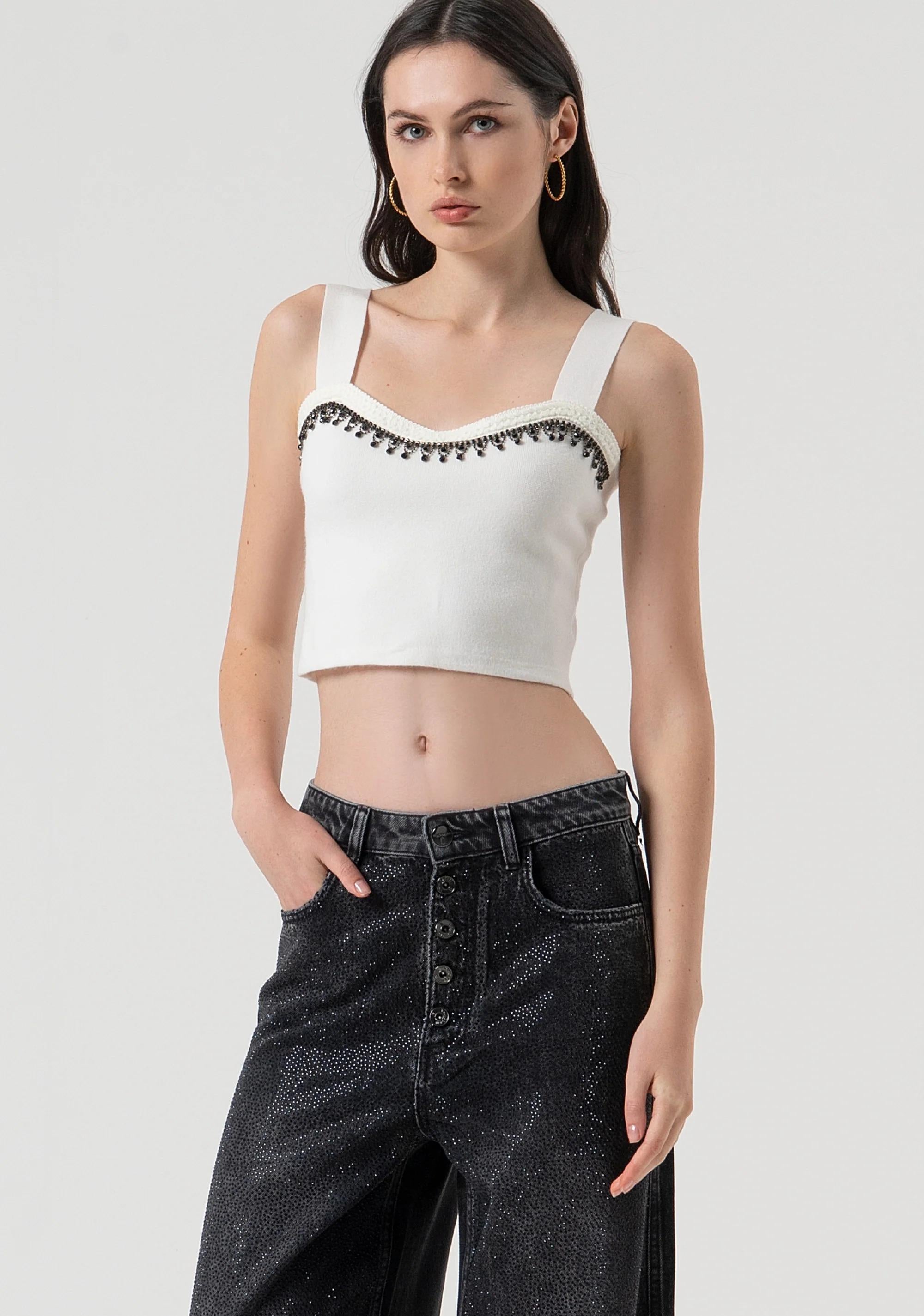 Fracomina Pantaloni wide palazzo in denim nero con lavaggio scuro e strass FR25WV3013D419R9 H21 FRACOMINA 