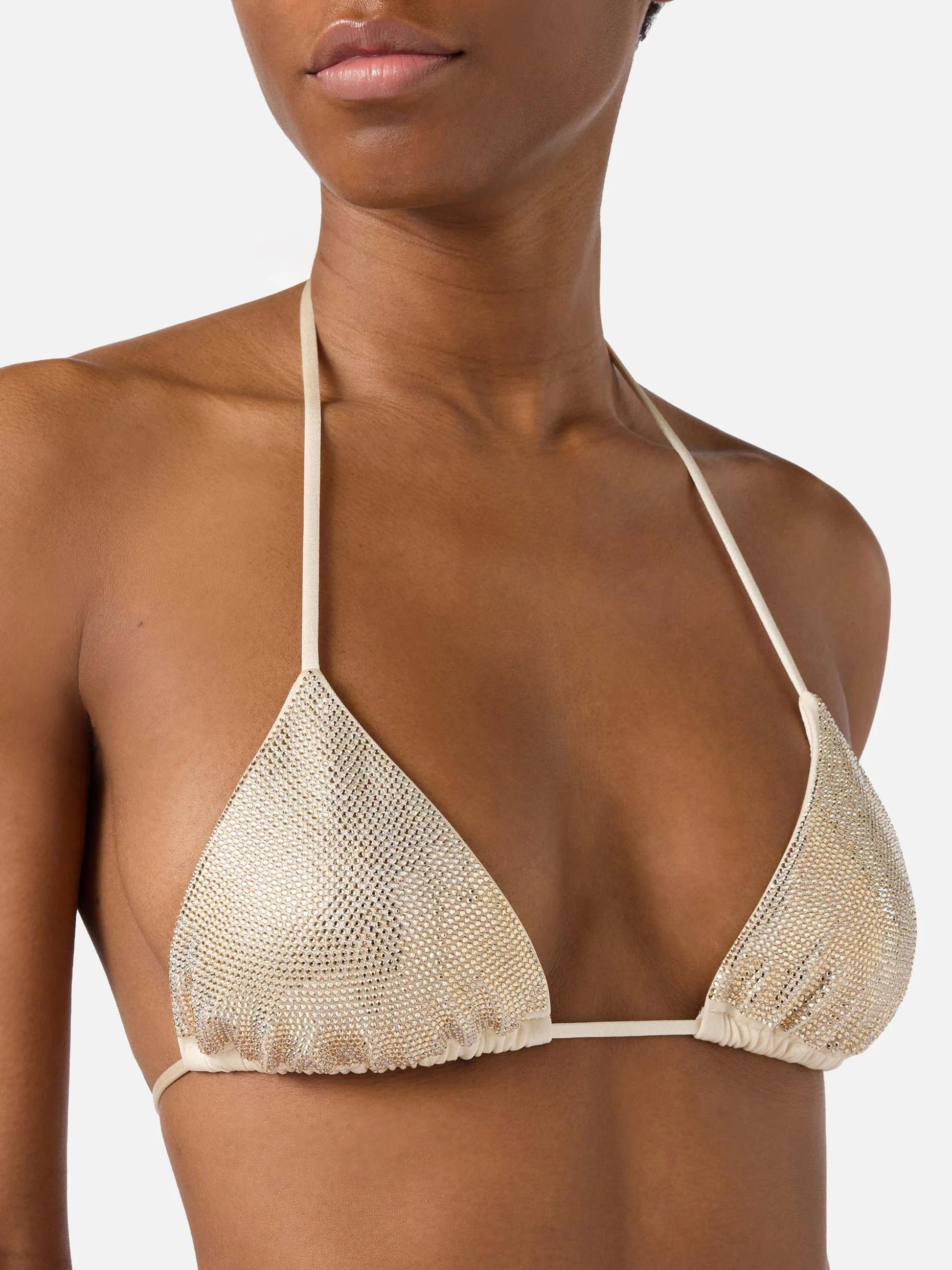 Bikini Maleah triangolo in tessuto glossy finish oro con applicazioni strass MALE002 00237L MC2 SAINT BARTH 