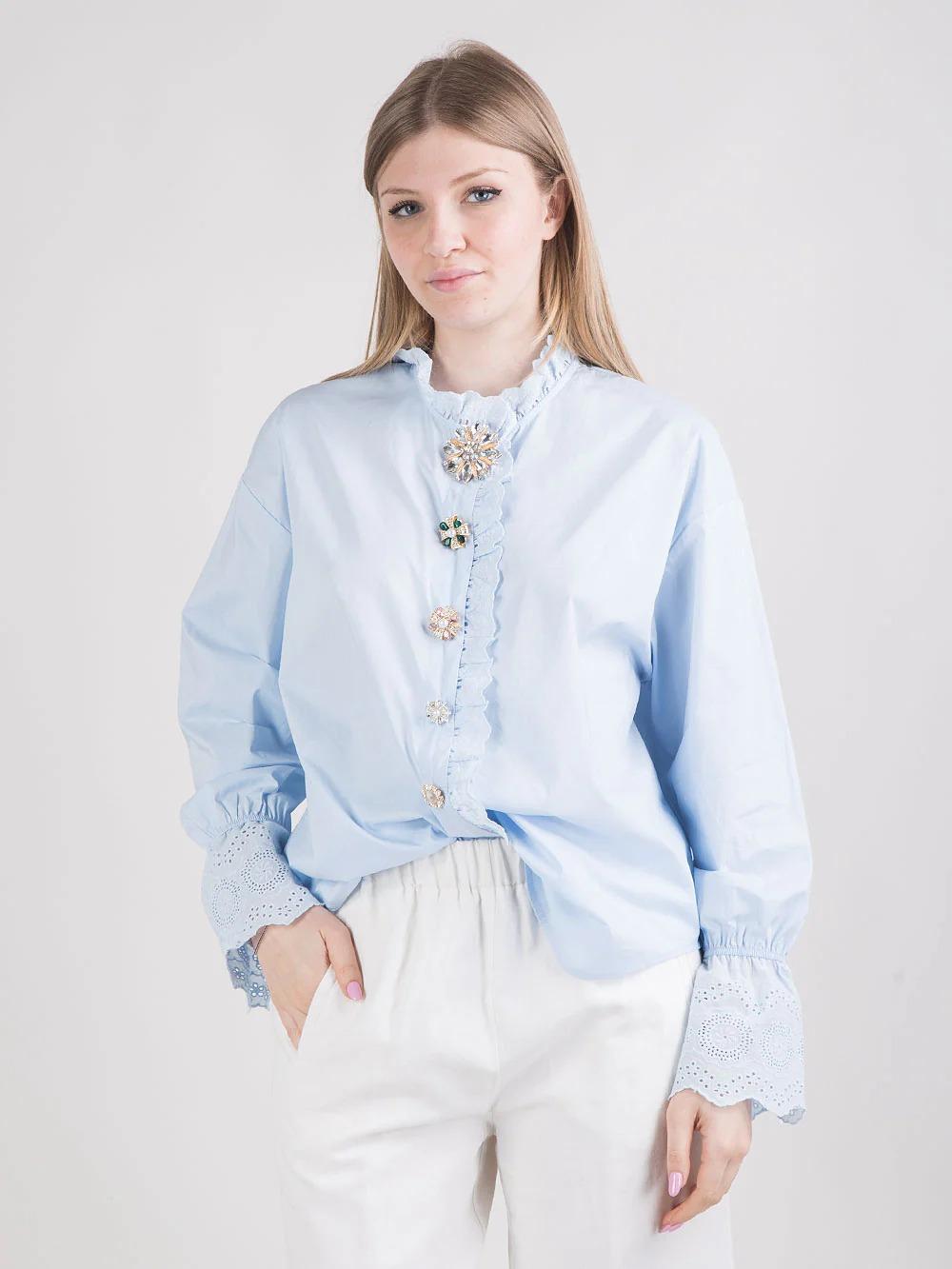 PAPERLACE<BR/>Camicia con bottoni gioiello e dettagli ricamati celeste P26-A403 305 PAPERLACE 