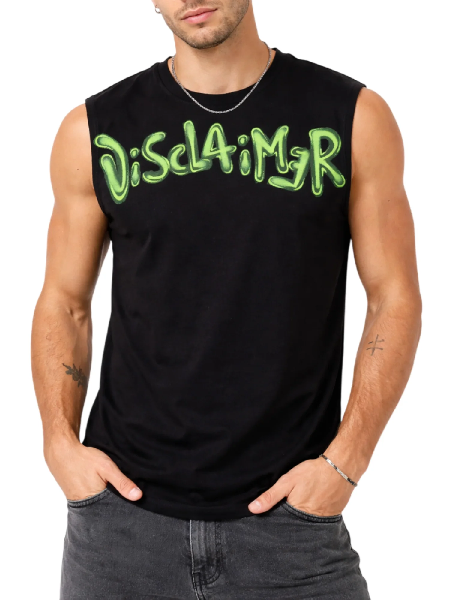 Disclaimer T-shirt smanicata uomo nera con logo giallo fluo 26EDS55414 NERO-ST.G.FLUO DISCLAIMER 