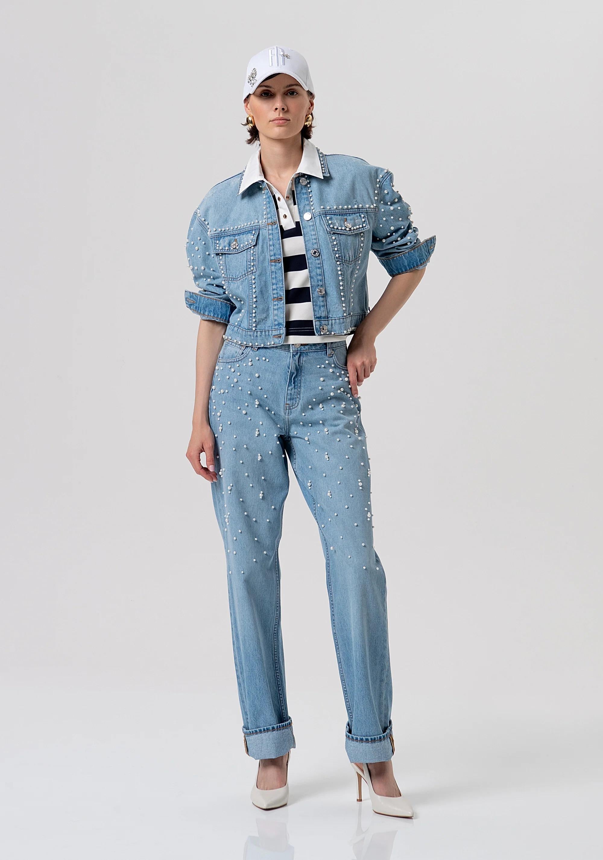 FRACOMINA Giacca regular in denim con lavaggio chiaro e perle FR26SJ4004D47103 062 FRACOMINA 