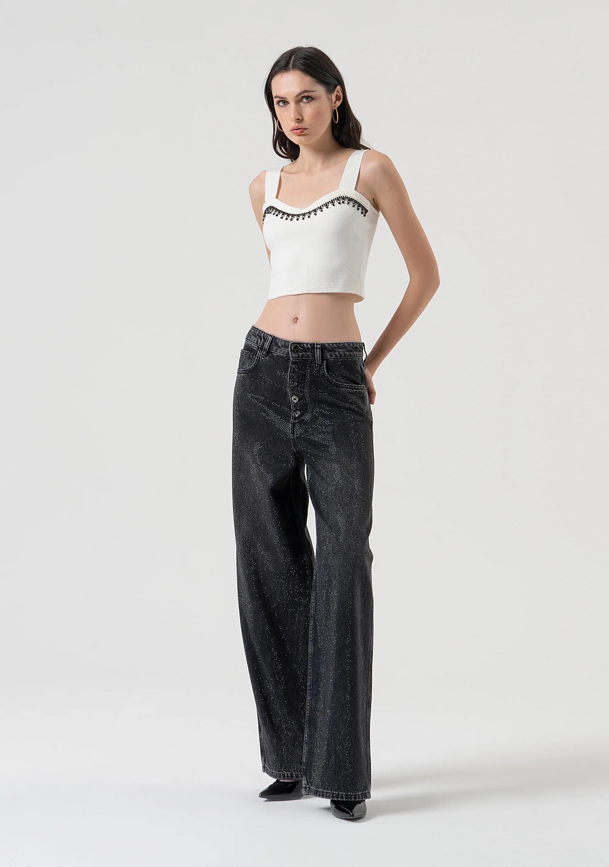 Fracomina Pantaloni wide palazzo in denim nero con lavaggio scuro e strass FR25WV3013D419R9 H21 FRACOMINA 