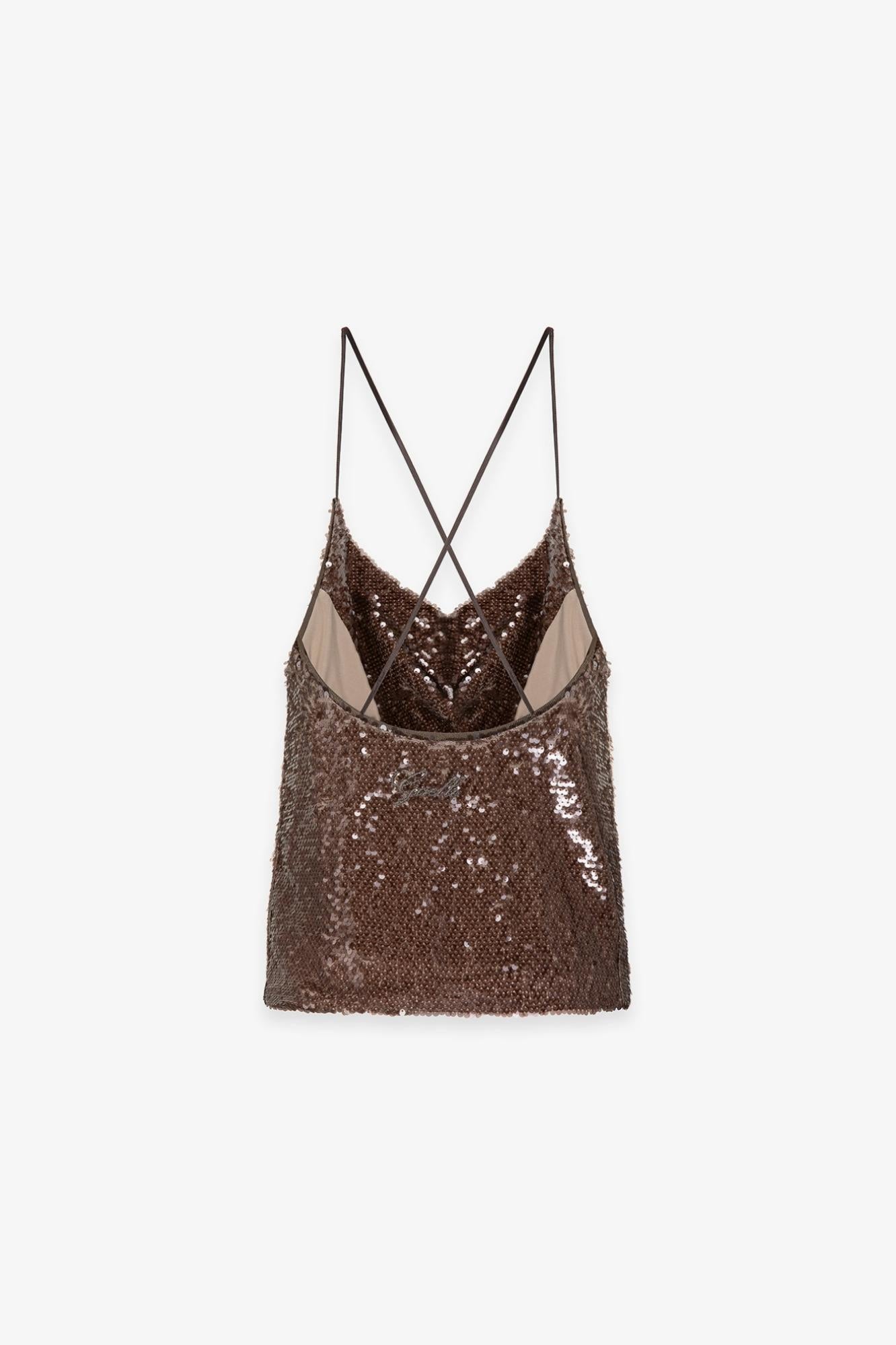 Top A Bretelline Con Scollo A Cappuccio In Tessuto Paillettes  Moka - Gaëlle Paris GAABW09868-TMTP0032 MA63 GAELLE 