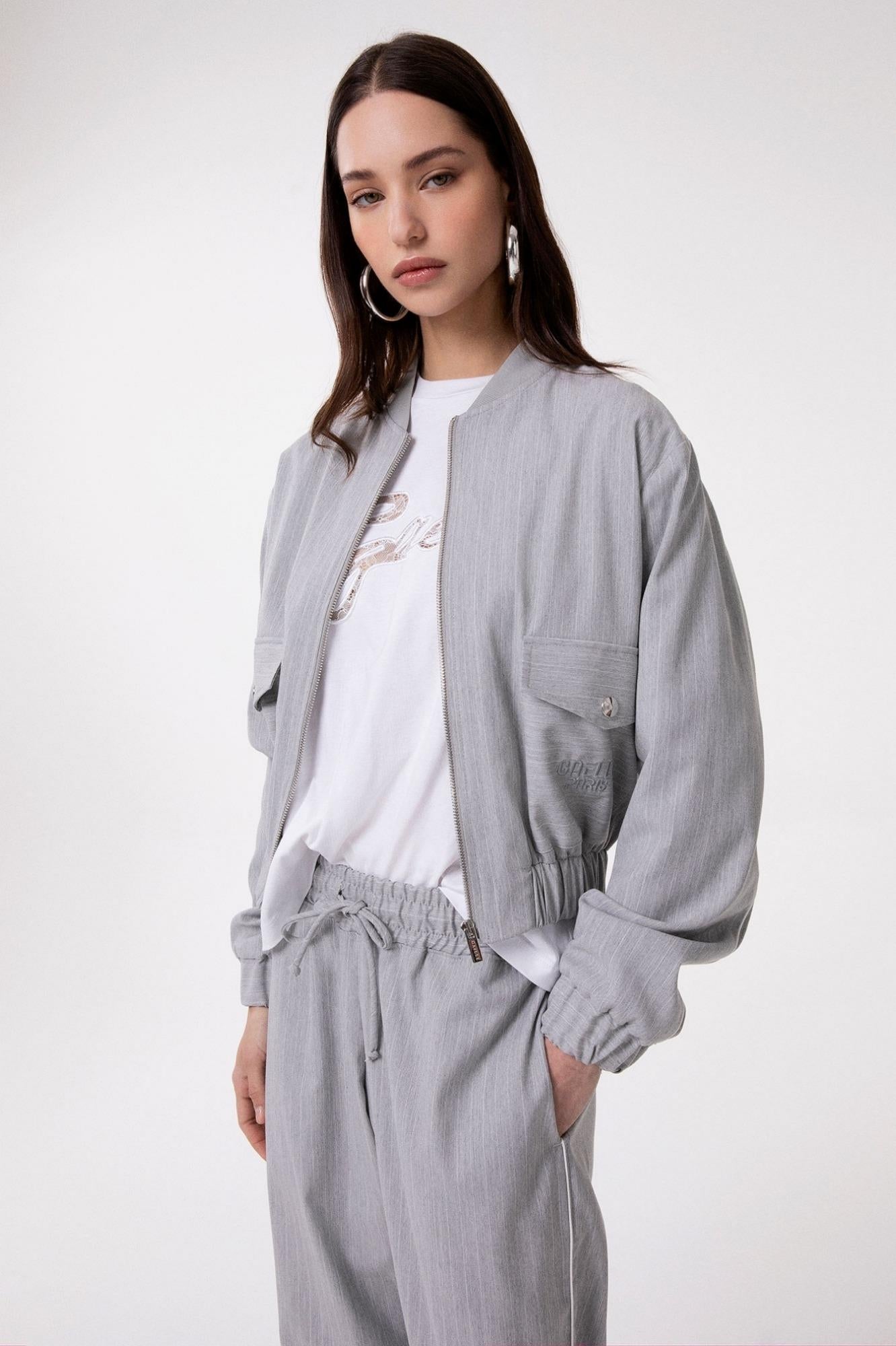 Giubbino Zippato Con Spalline In Gessato Di Poliviscosa  Grigio - Gaëlle Paris GAABW09812-TMTS0256 GR00 GAELLE 