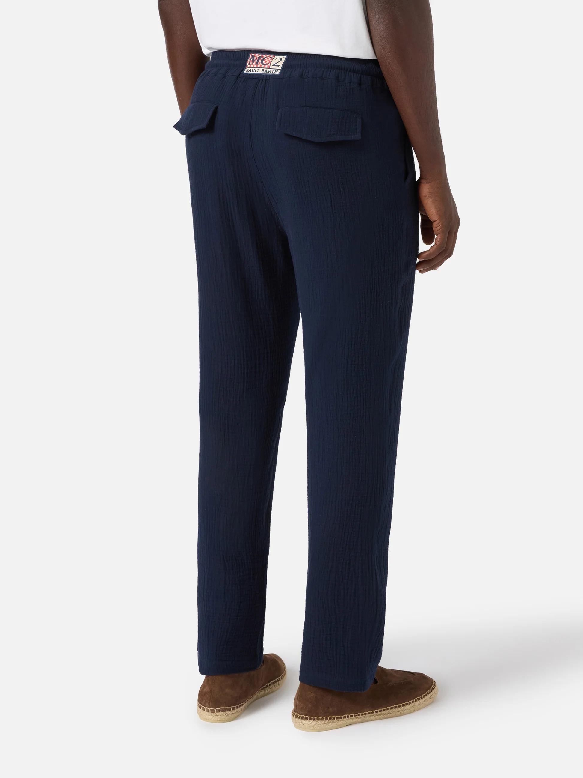 Pantalone Calais lungo in garza di puro cotone blu navy CAA0001 00465L MC2 SAINT BARTH 