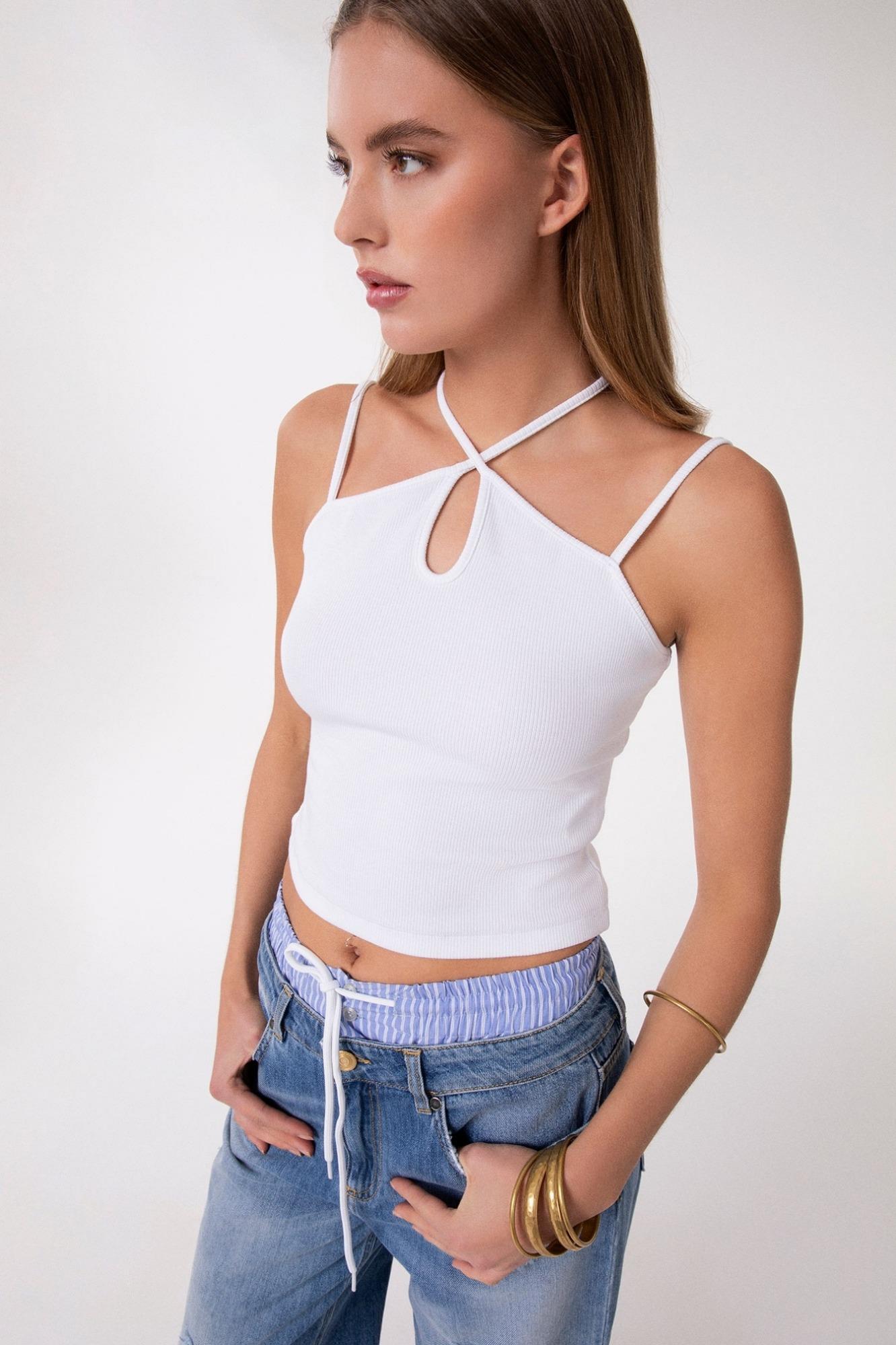 Canotta In Costina Con Spalline Sottili Con Applicazione  Bianco - Gaëlle Paris GAABW09305-PTTA0006 BIANCO GAELLE 