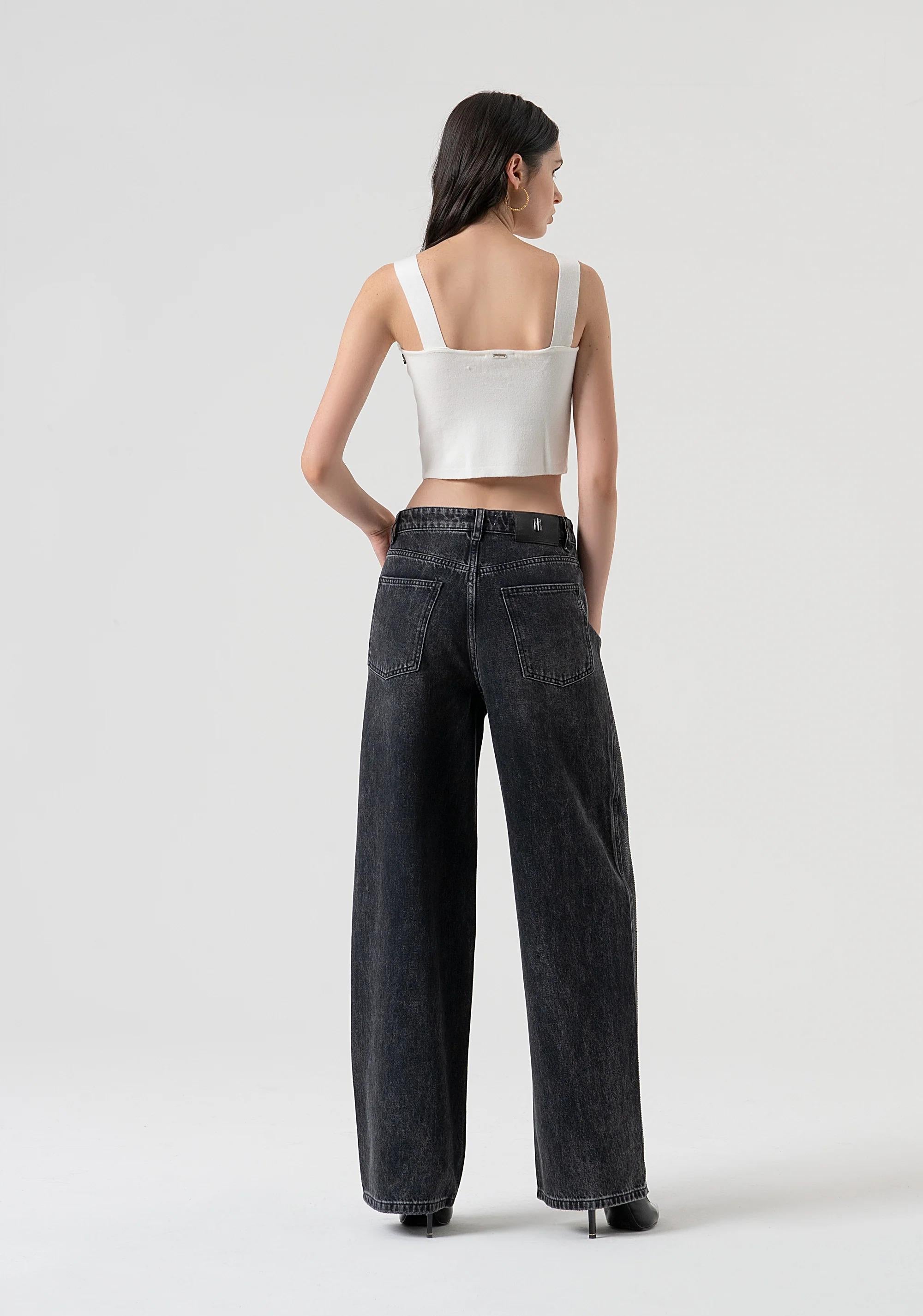 Fracomina Pantaloni wide palazzo in denim nero con lavaggio scuro e strass FR25WV3013D419R9 H21 FRACOMINA 