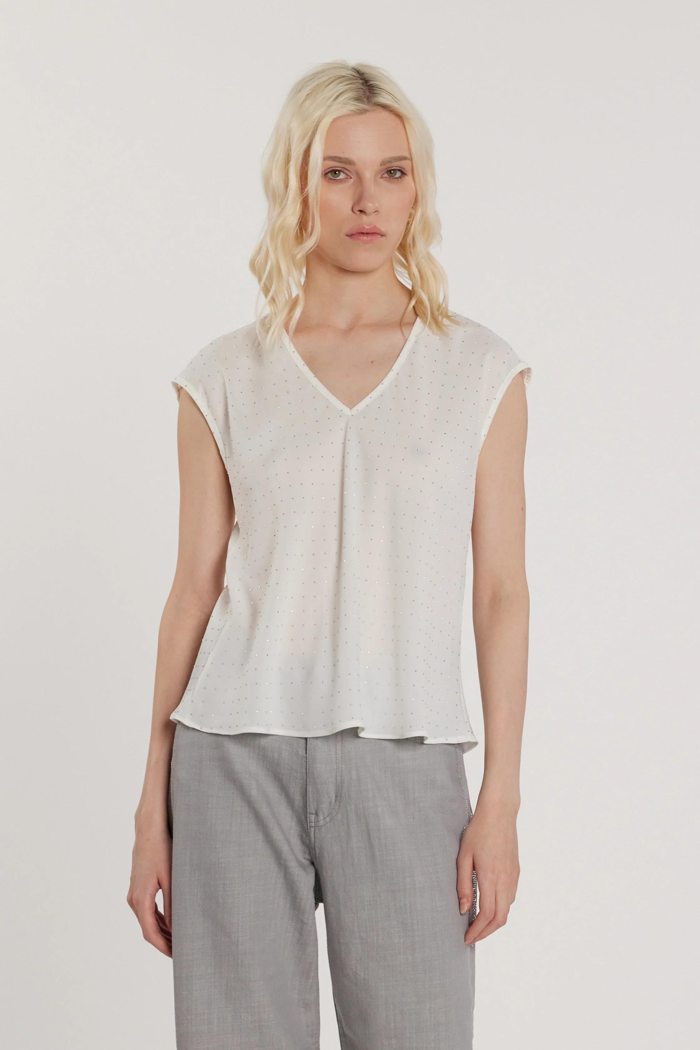 RELISH Blusa LAVOLPE maniche corte aletta scollo a V con strass all over MILK RDP2603009050 1101 RELISH 