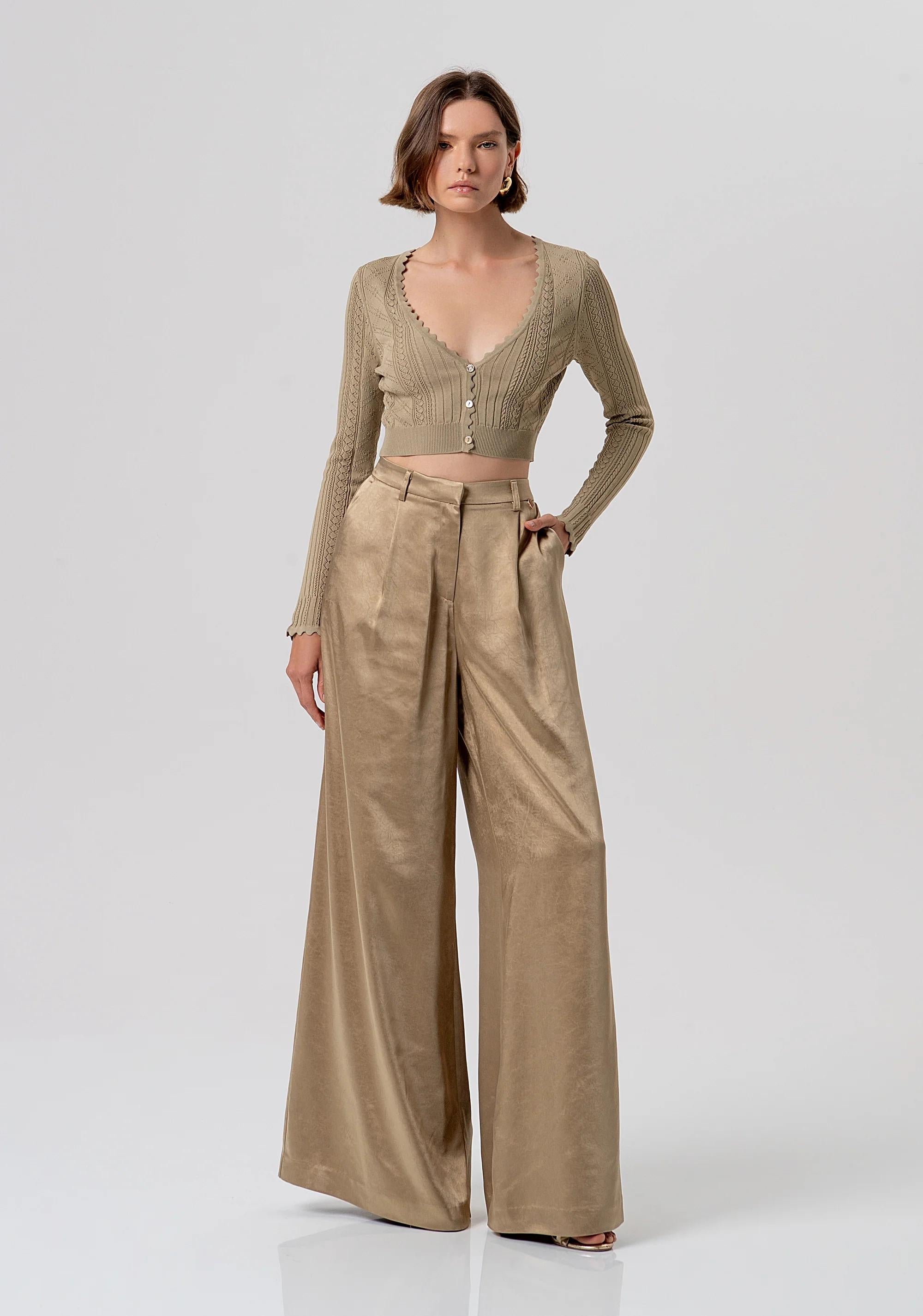 Pantalone flare a palazzo in raso mud FR26SV3004W41101 208 FRACOMINA 