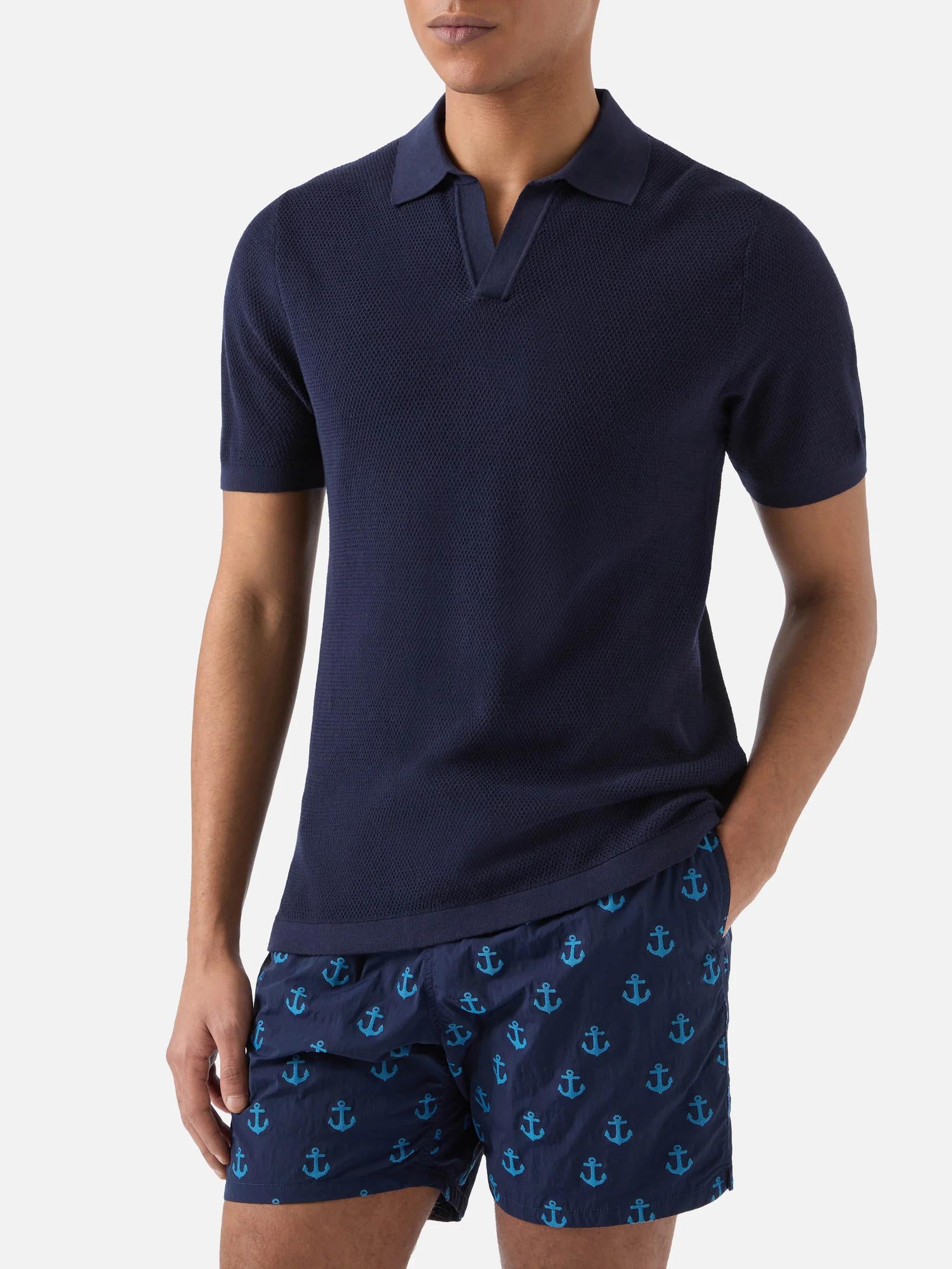 Polo Sloan Mesh in cotone pregiato high twist tinta unita blu SLO0009 00097L MC2 SAINT BARTH 