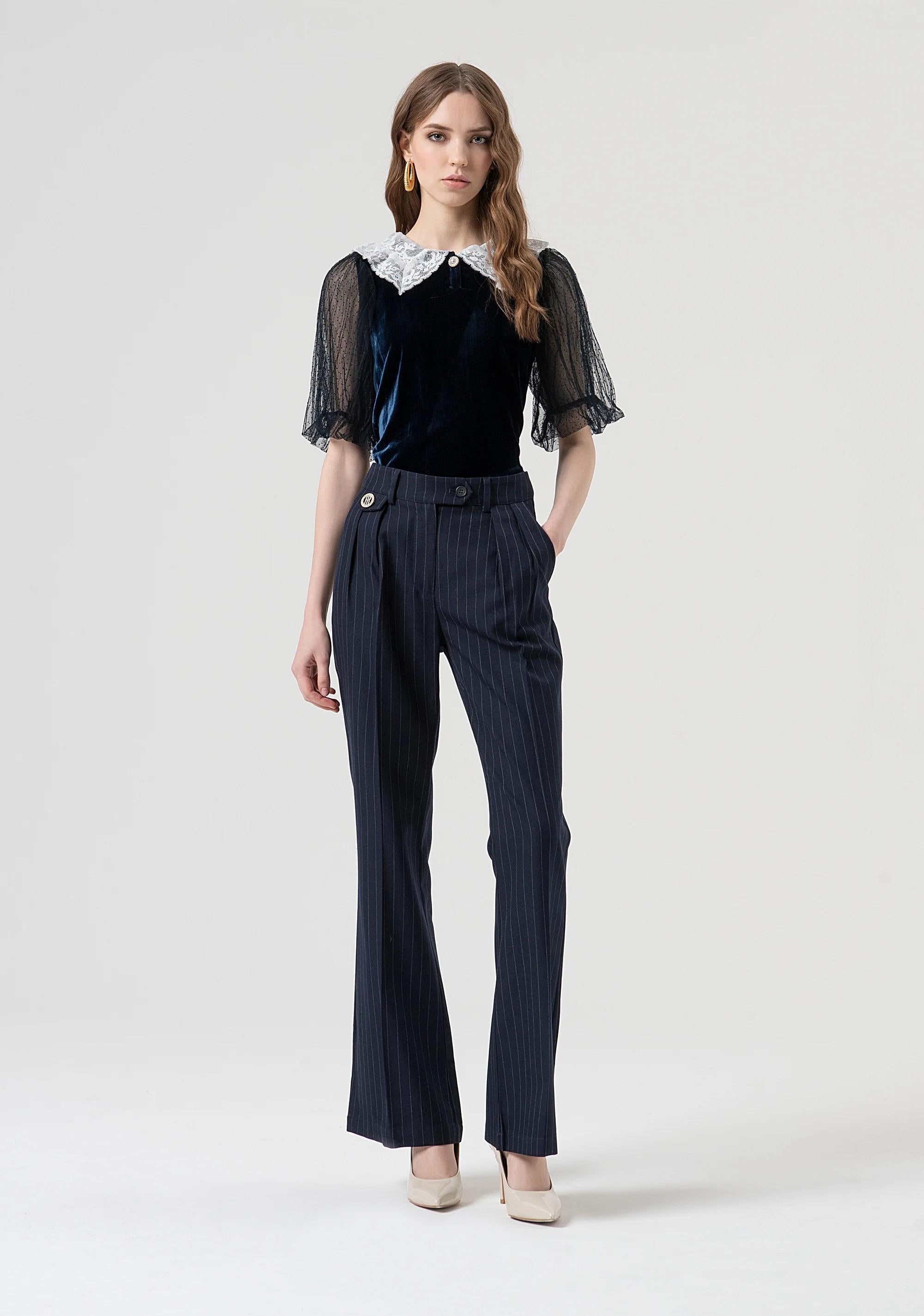 Fracomina Blusa regular in velluto con seta dark blue white FR25WT3037J48701 270 FRACOMINA 