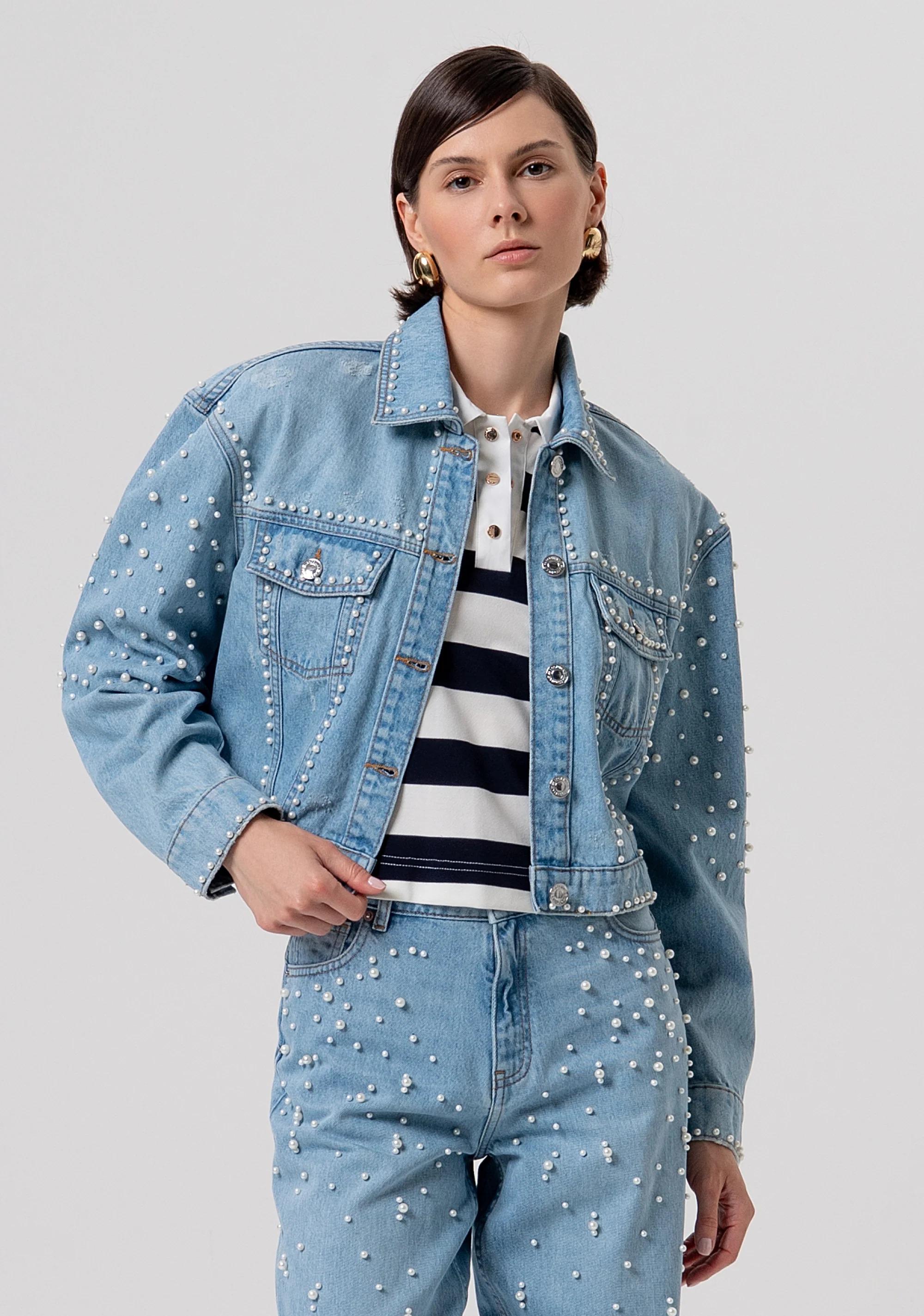 FRACOMINA Giacca regular in denim con lavaggio chiaro e perle FR26SJ4004D47103 062 FRACOMINA 