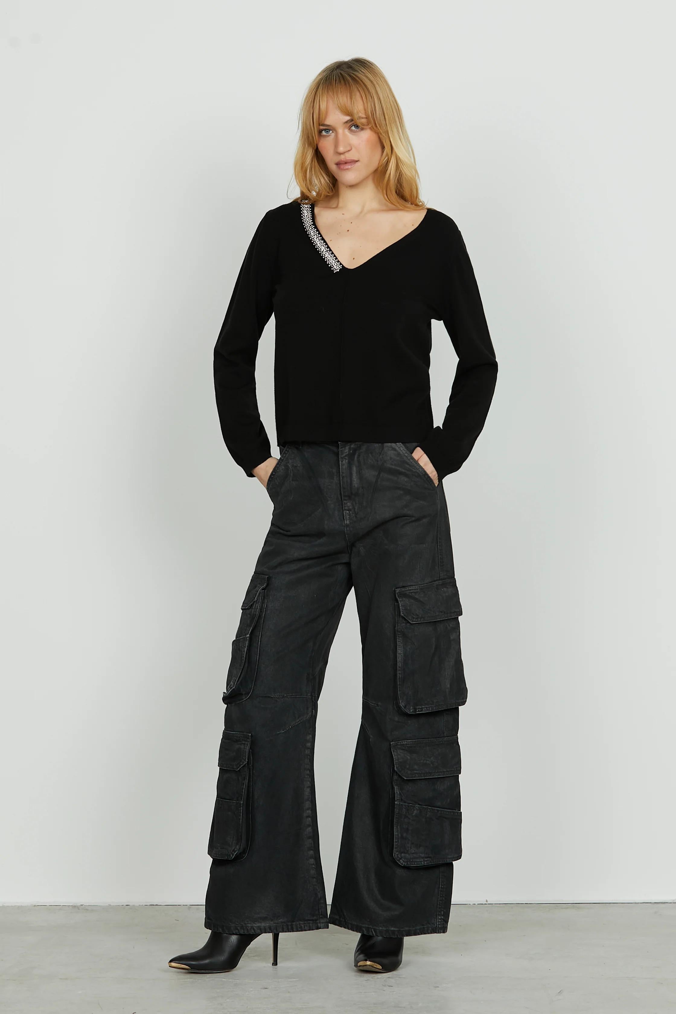 Relish Maglia LEVITA manica lunga scollo v con applicazione perline più strass black RDA2502605006 BLACK RELISH 