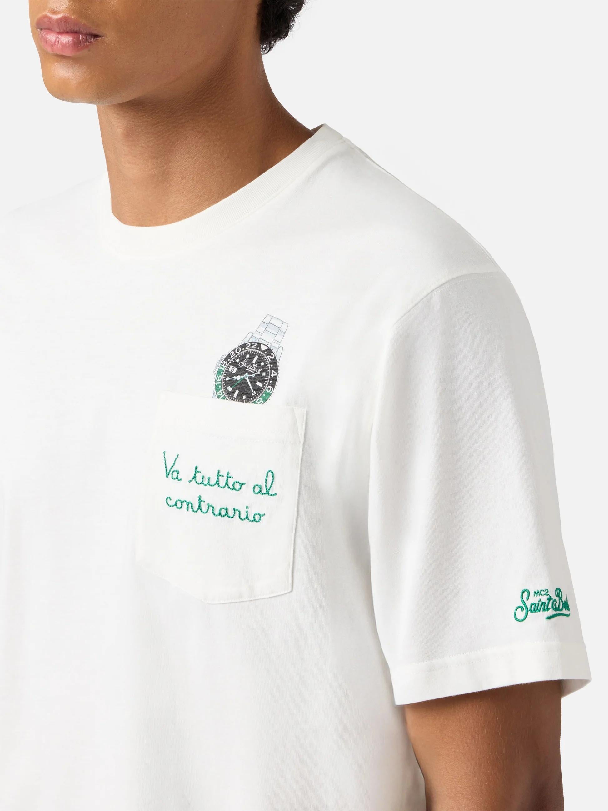 Tshirt in cotone Austin con ricamo e stampa orologio VA TUTTO AL CONTRARIO AUS0001 00129L MC2 SAINT BARTH 