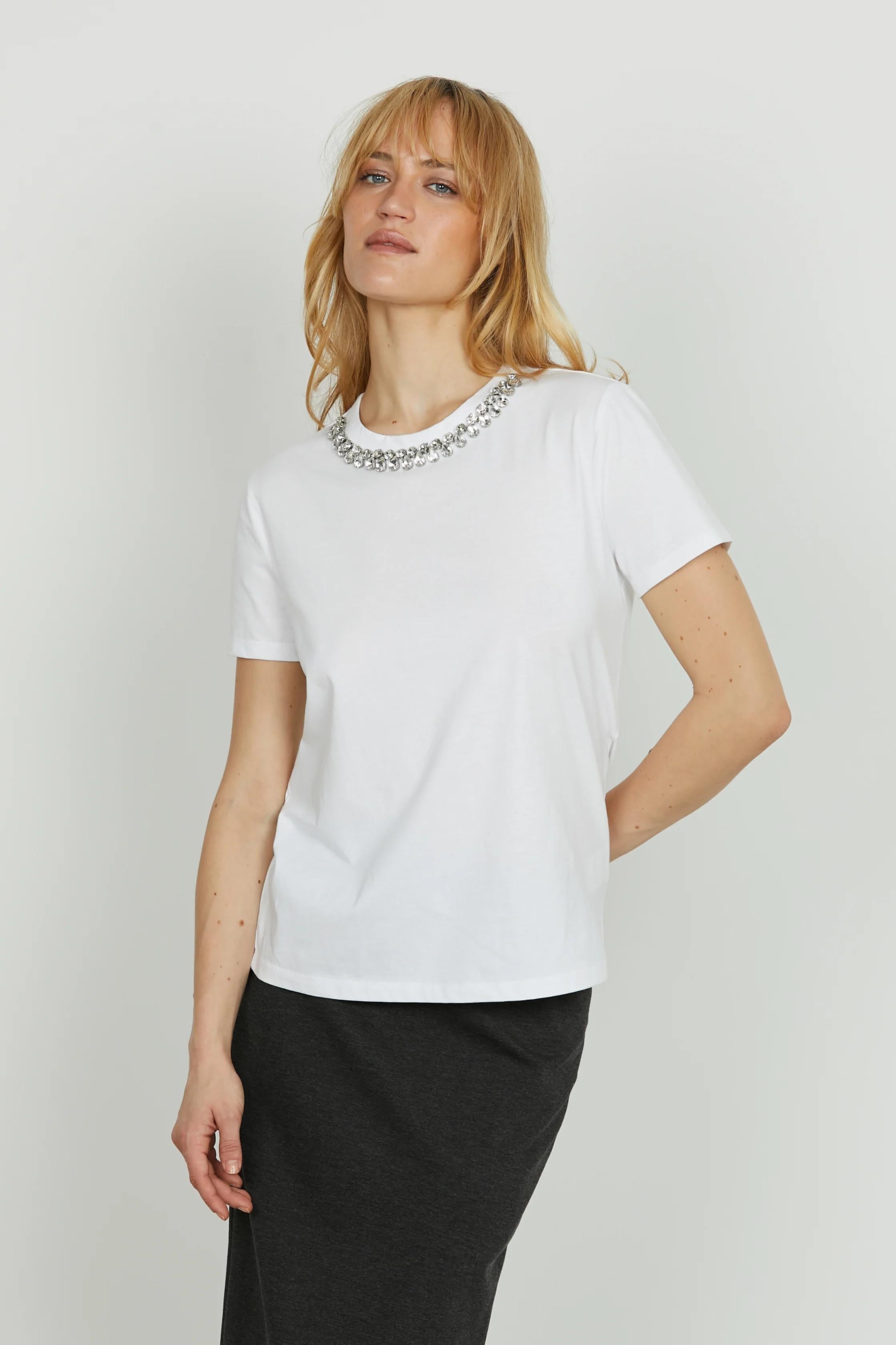 Relish t-shirt raiola con pietre e strass bordo collo RDA2501033010 WHITE RELISH 