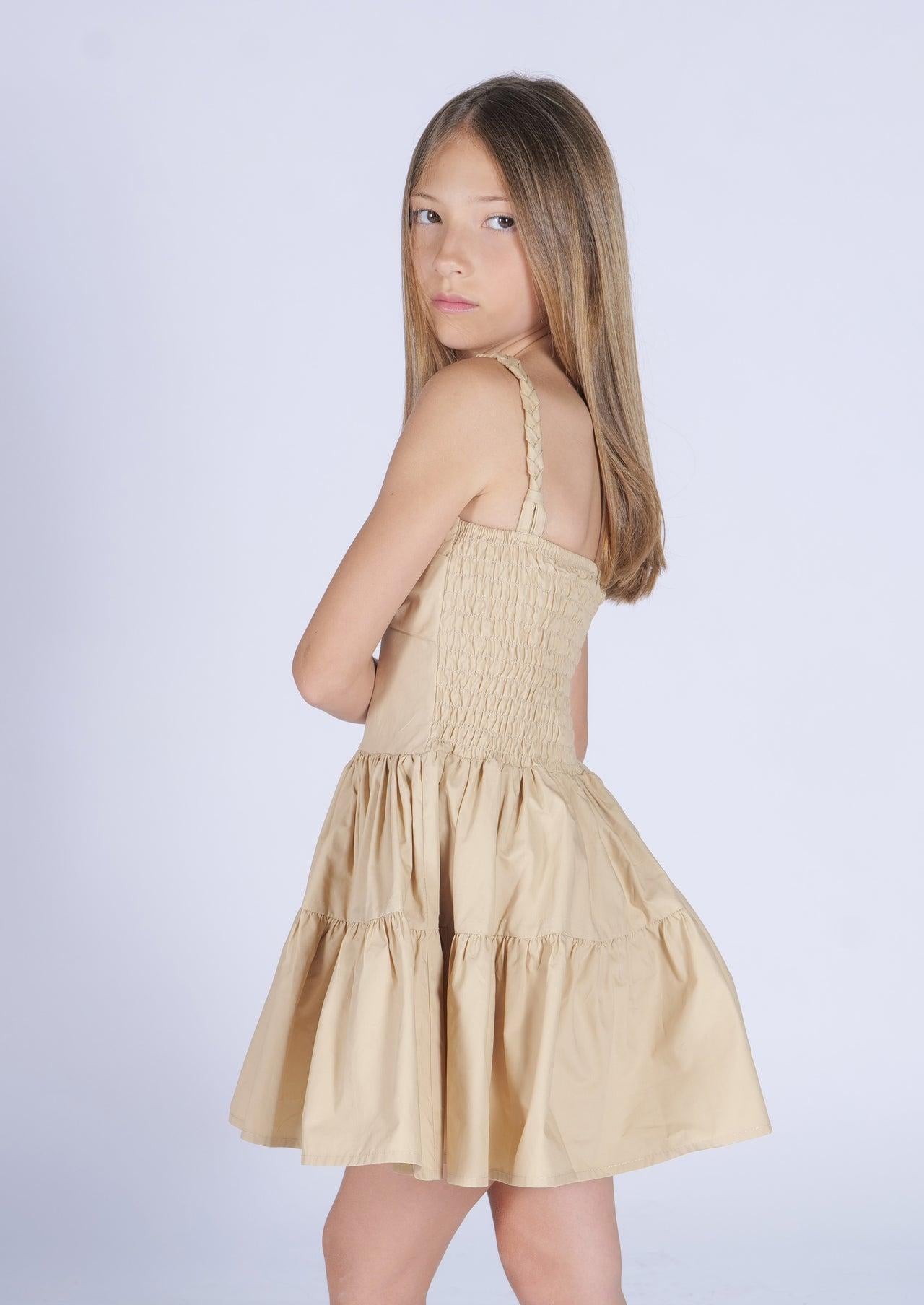 Vestito FunFun Beige  in Cotone con Bretelle Intrecciate