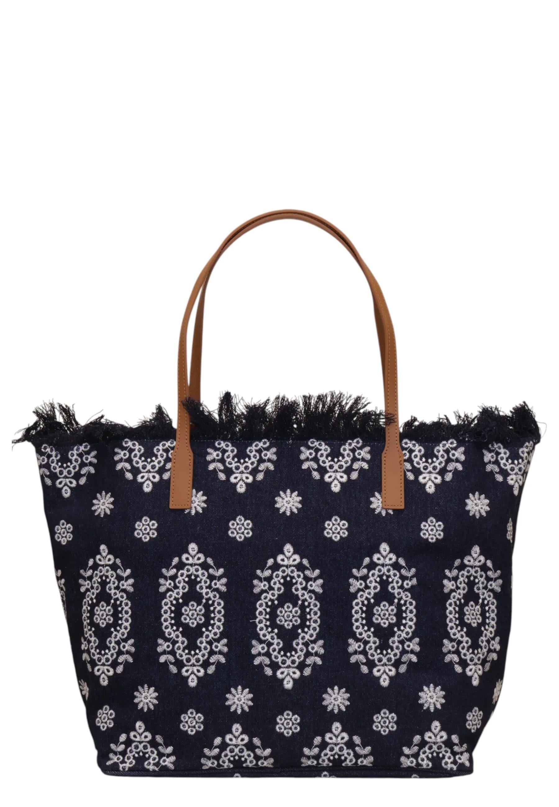 Mc2 Saint Barth<BR/>borsa da città con frange - 01773l sangallo denim scuro ricamato CBMF001 01773L MC2 SAINT BARTH 