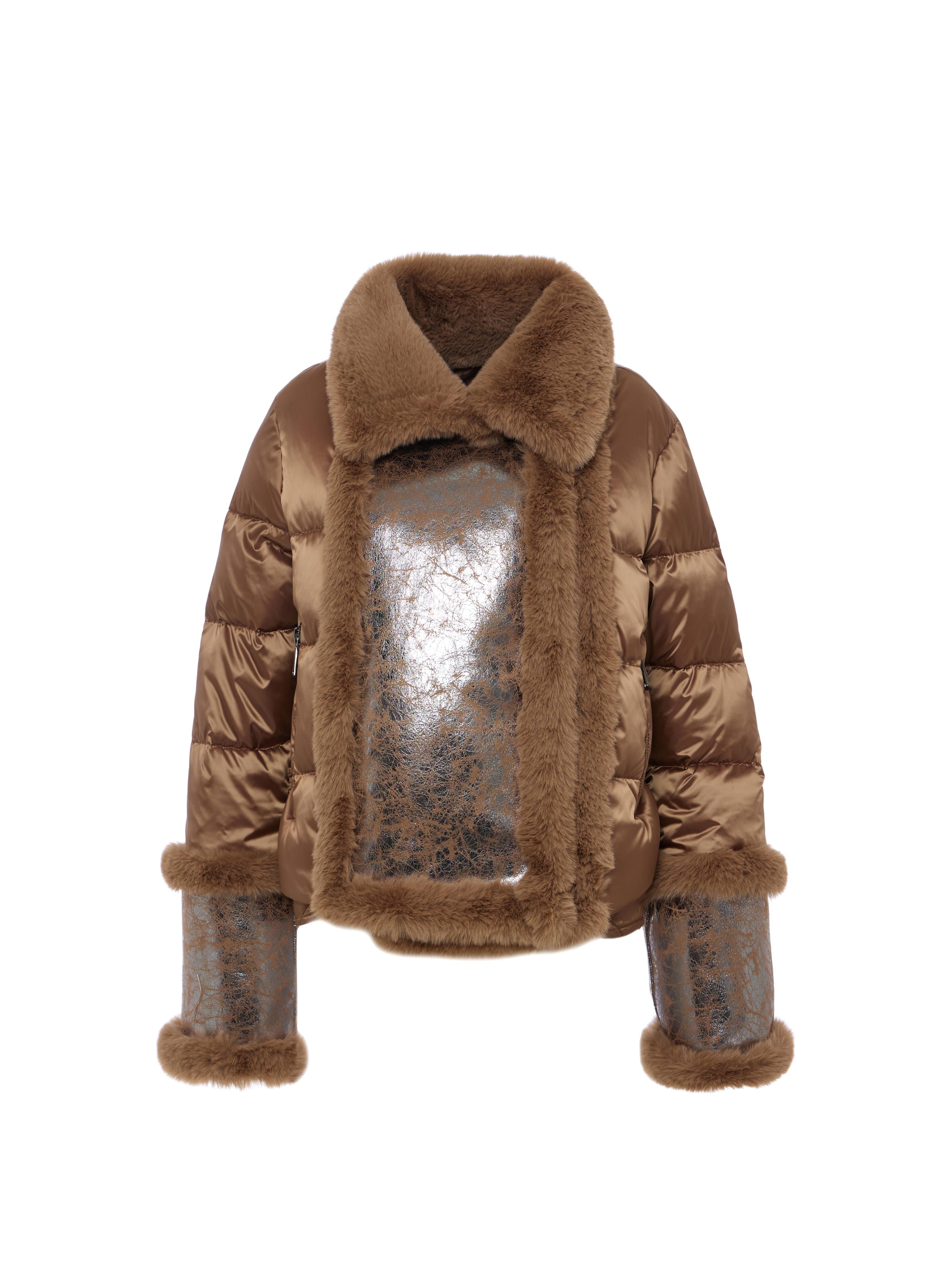 VIOLANTI Cropped biker in eco montone  laminato con dettagli in piuma biscotto VS415 1 VIOLANTI 