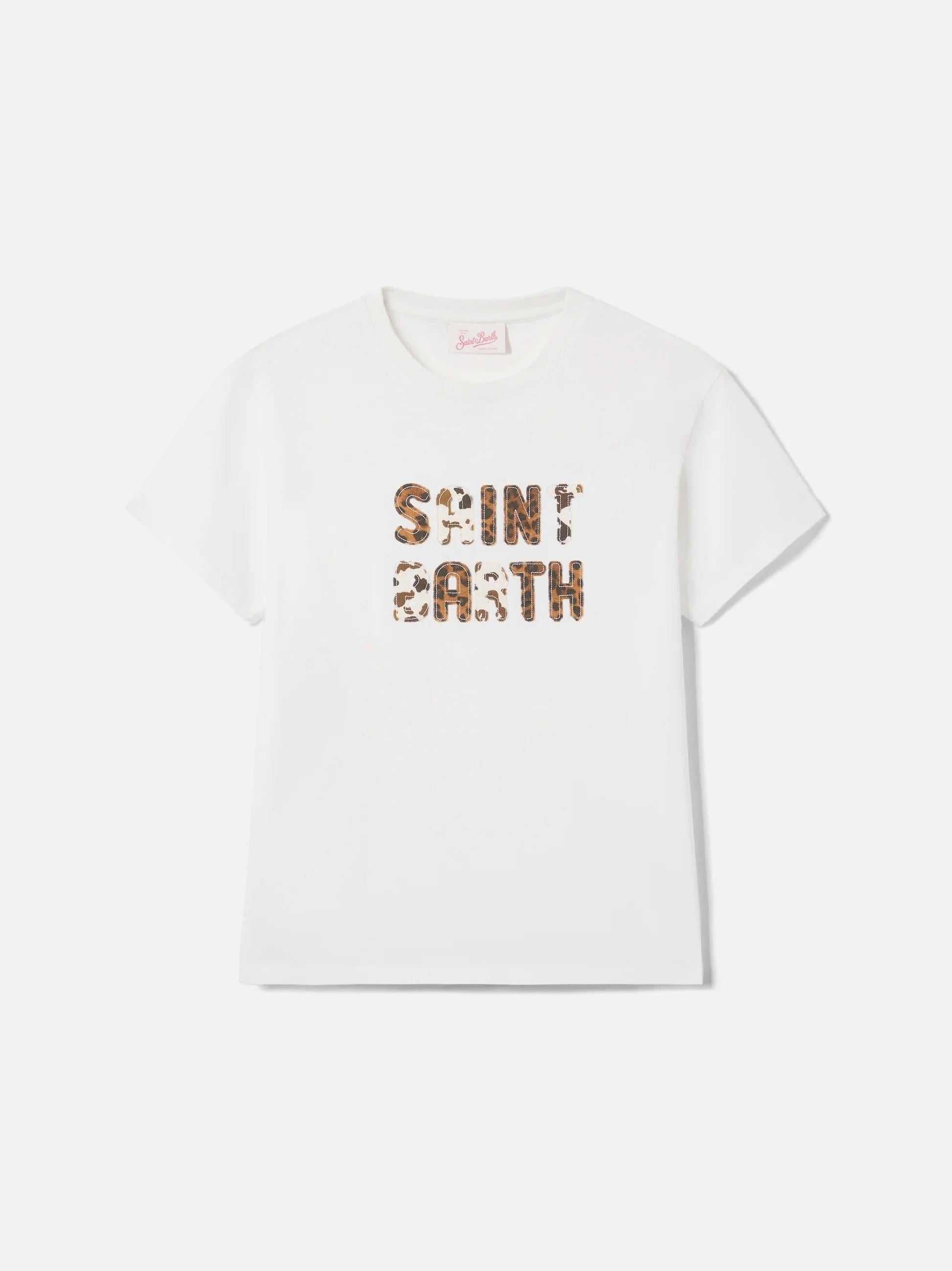 T-shirt Emilie bianca con patch logo animalier ricamata EMI0001 00298L MC2 SAINT BARTH 