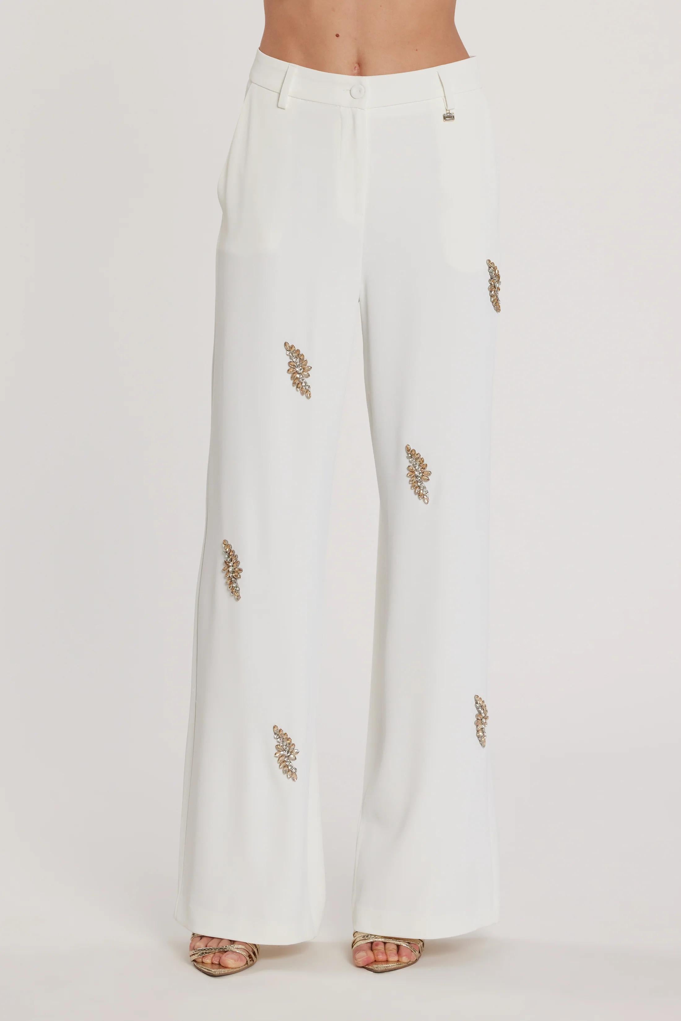 RELISH Pantalone AVEZAM vita alta ampia con applicazioni strass MILK<BR/><BR/> RCP2607006006 1101 RELISH 