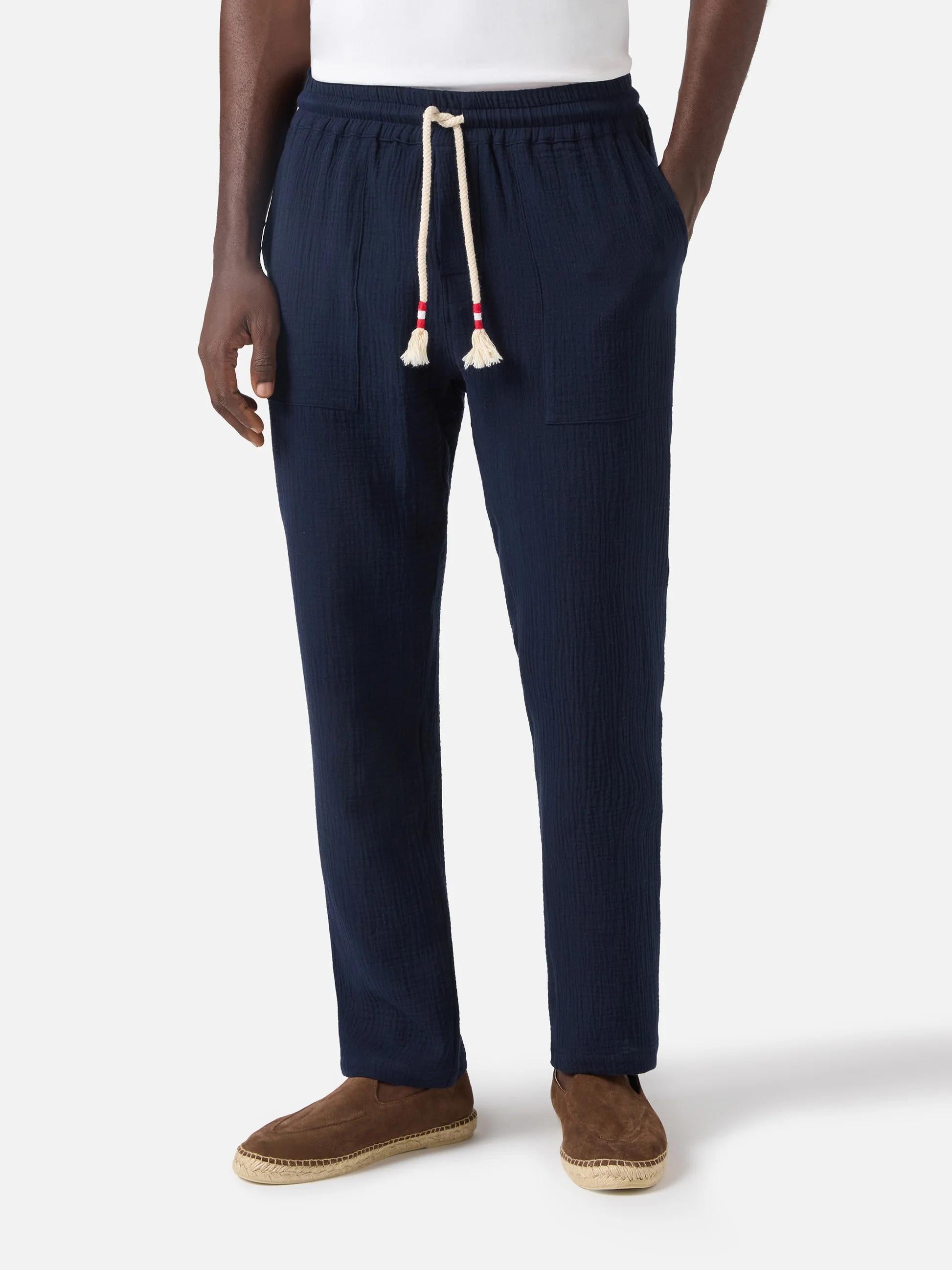 Pantalone Calais lungo in garza di puro cotone blu navy CAA0001 00465L MC2 SAINT BARTH 