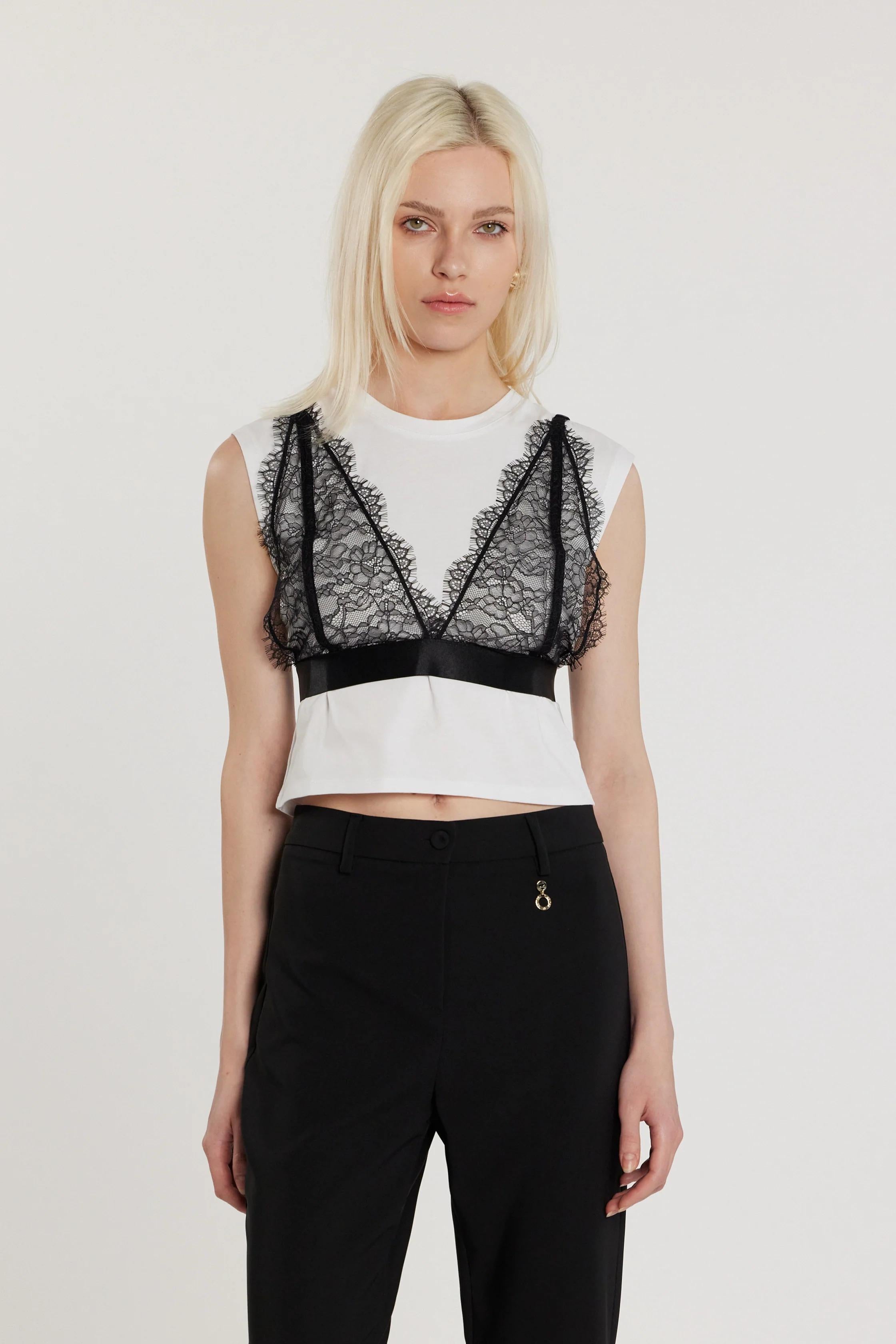 RELISH T-Shirt CAROLE corta maniche corte aletta con inserto lingerie pizzo WHITE RDP2601046016 1100 RELISH 