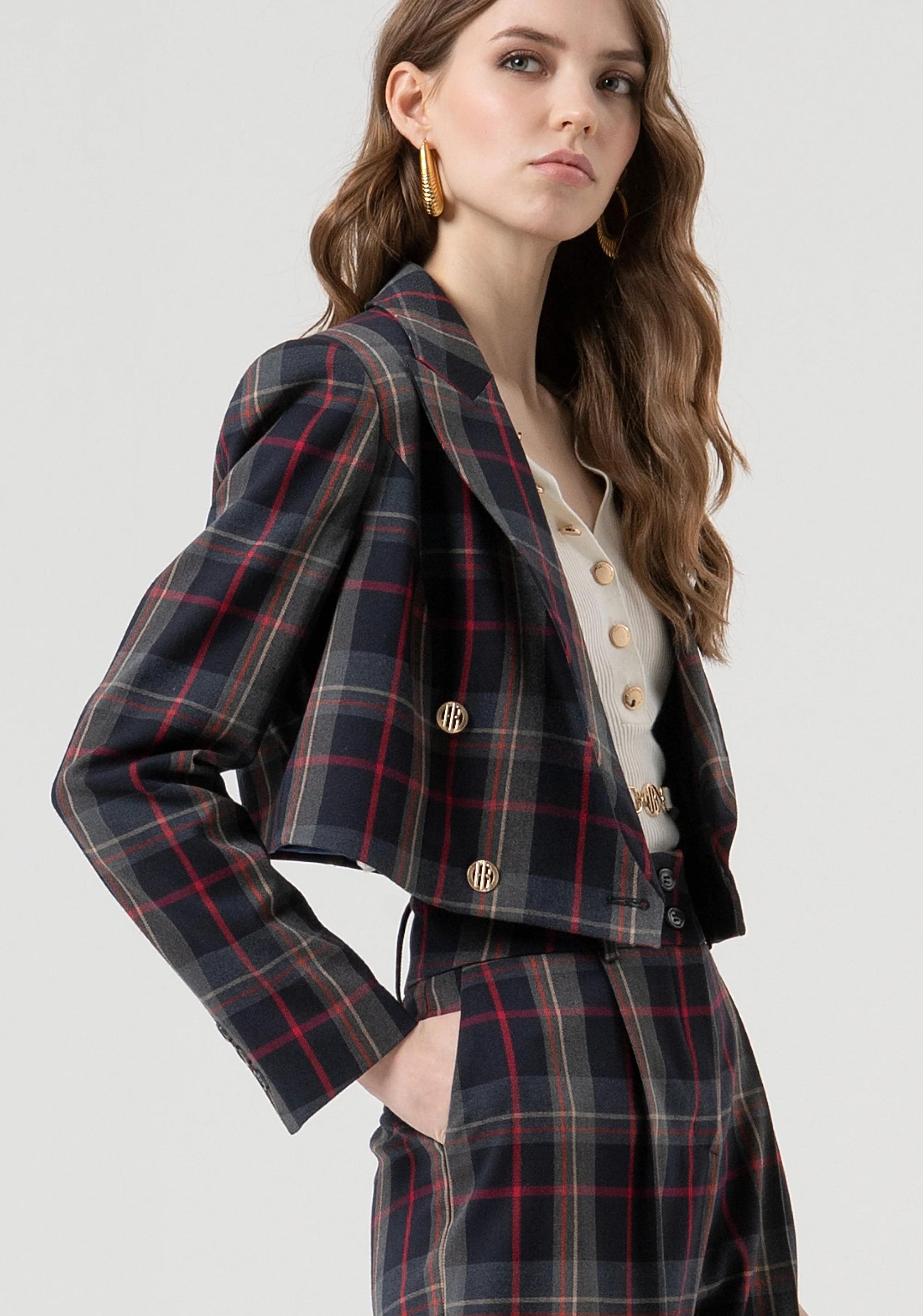 Fracomina Blazer cropped doppiopetto in fantasia tartan dark blue red FR25WJ1003W45995 T62 FRACOMINA 
