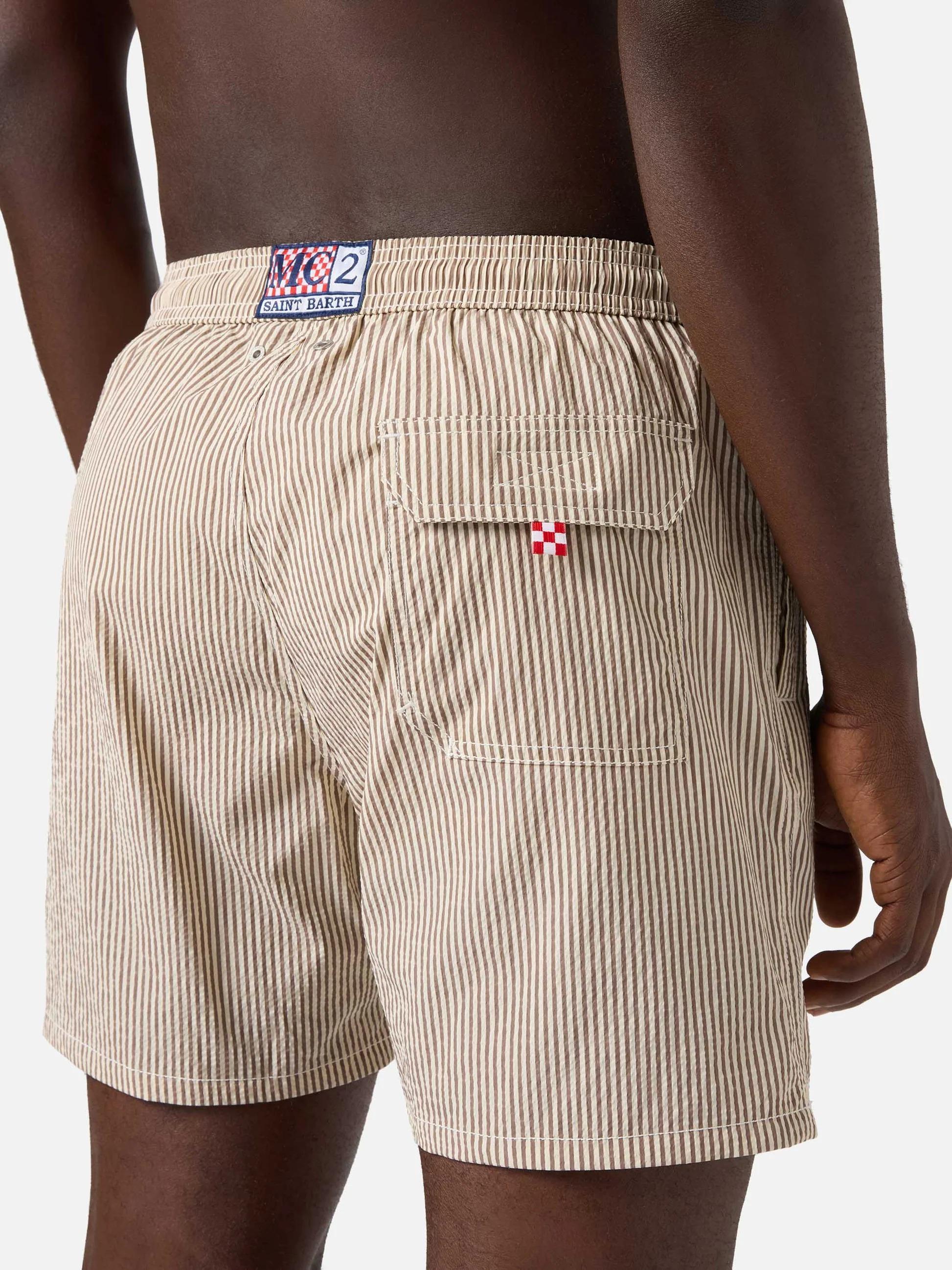 Costume mare Patmos in seersucker rigato marrone e bianco PATM001 01712L MC2 SAINT BARTH 