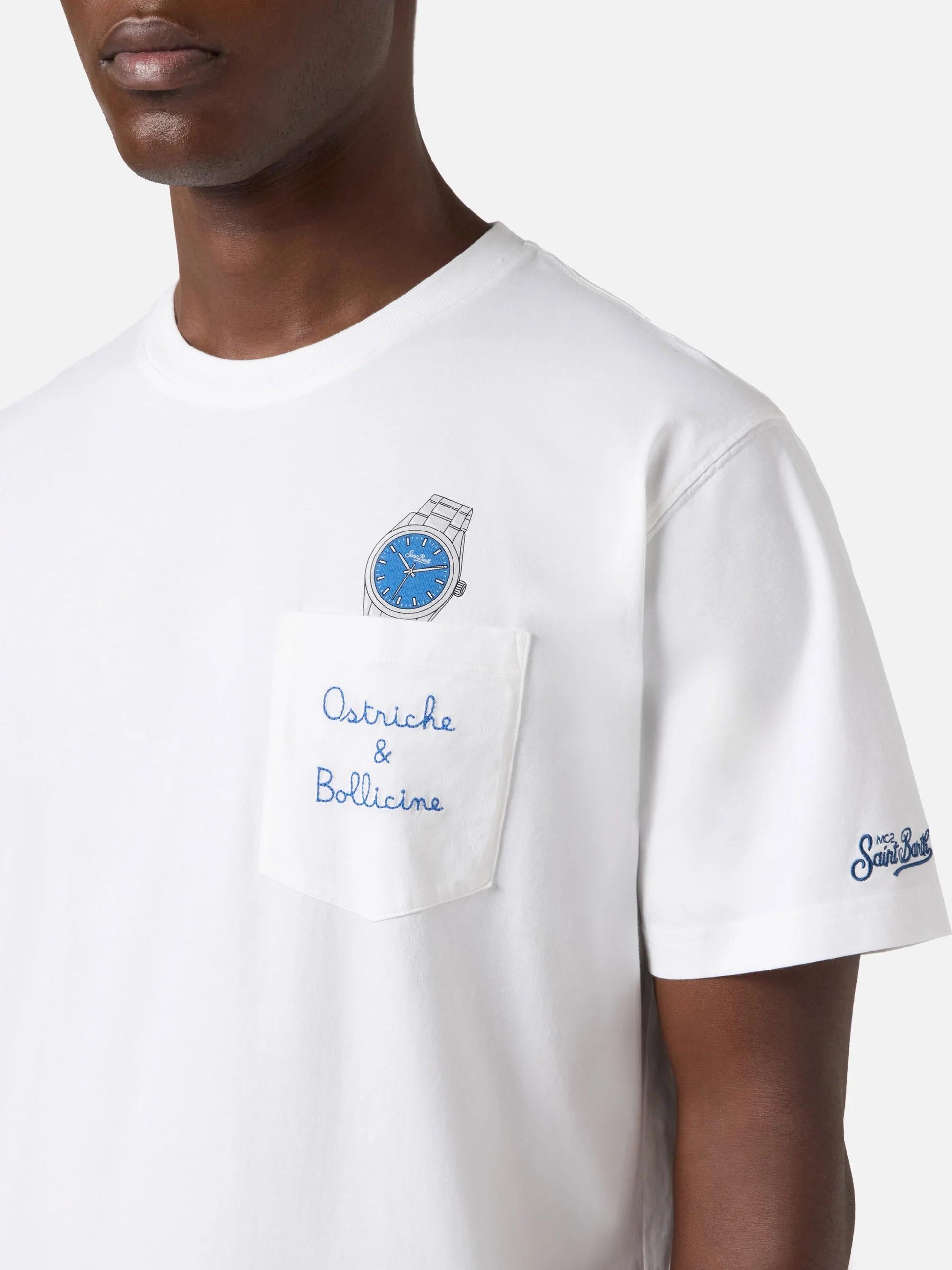 T-shirt Austin bianca con orologio e ricamo Ostriche e Bollicine AUS0001 04294L MC2 SAINT BARTH 