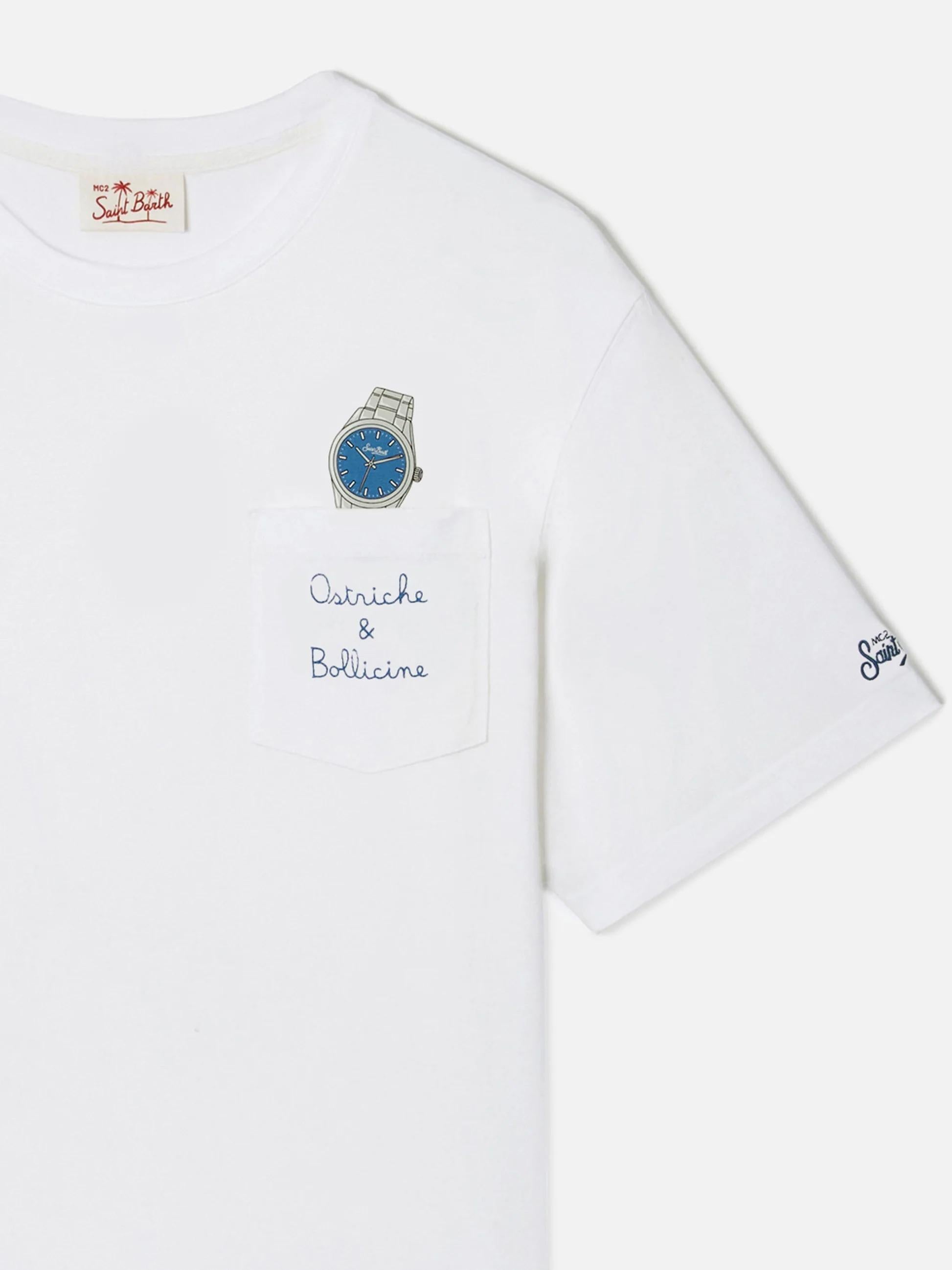 T-shirt Austin bianca con orologio e ricamo Ostriche e Bollicine AUS0001 04294L MC2 SAINT BARTH 