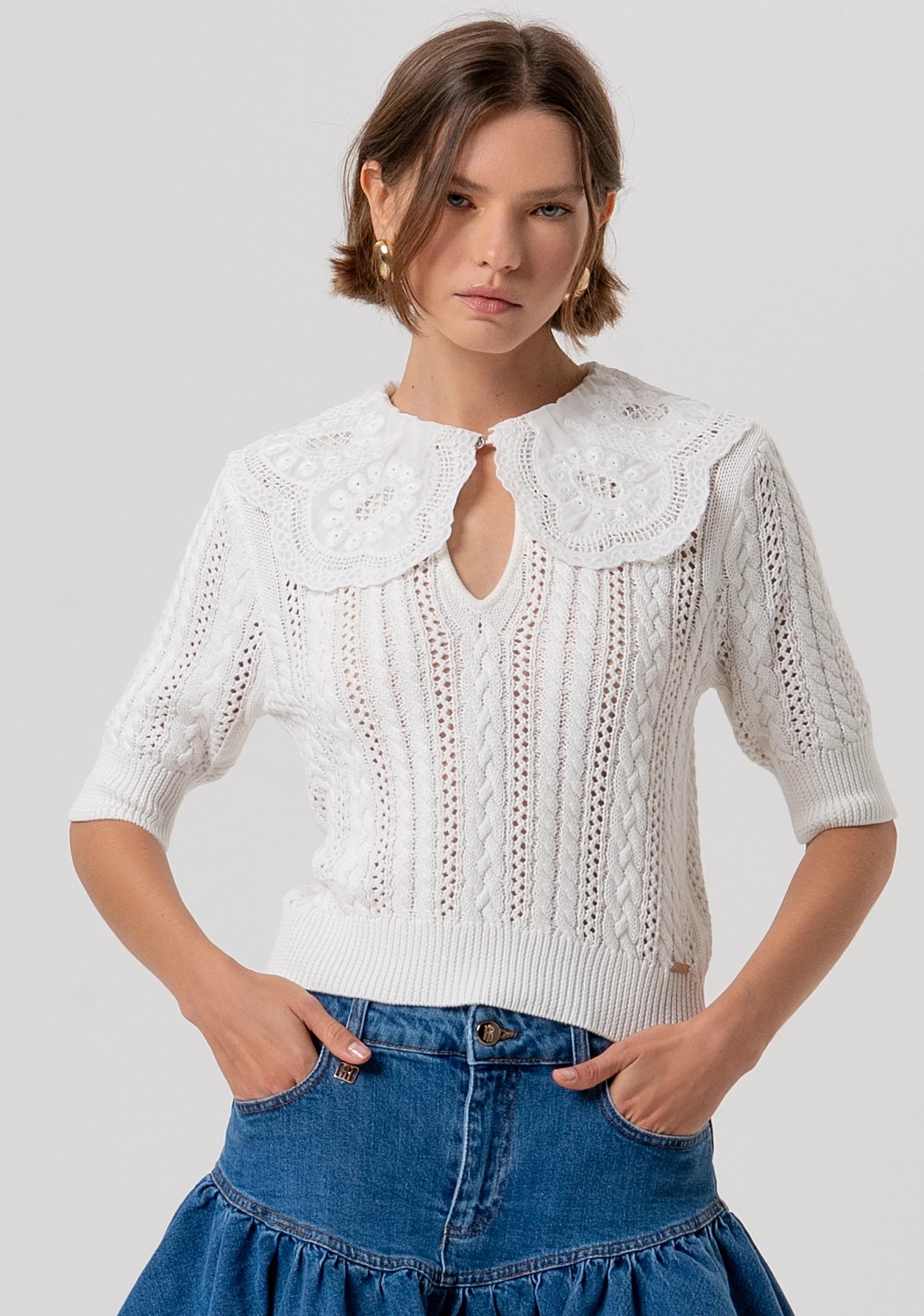 Maglia regular in cotone con punto treccia e trafori cream FR26ST7015K48801 108 FRACOMINA 