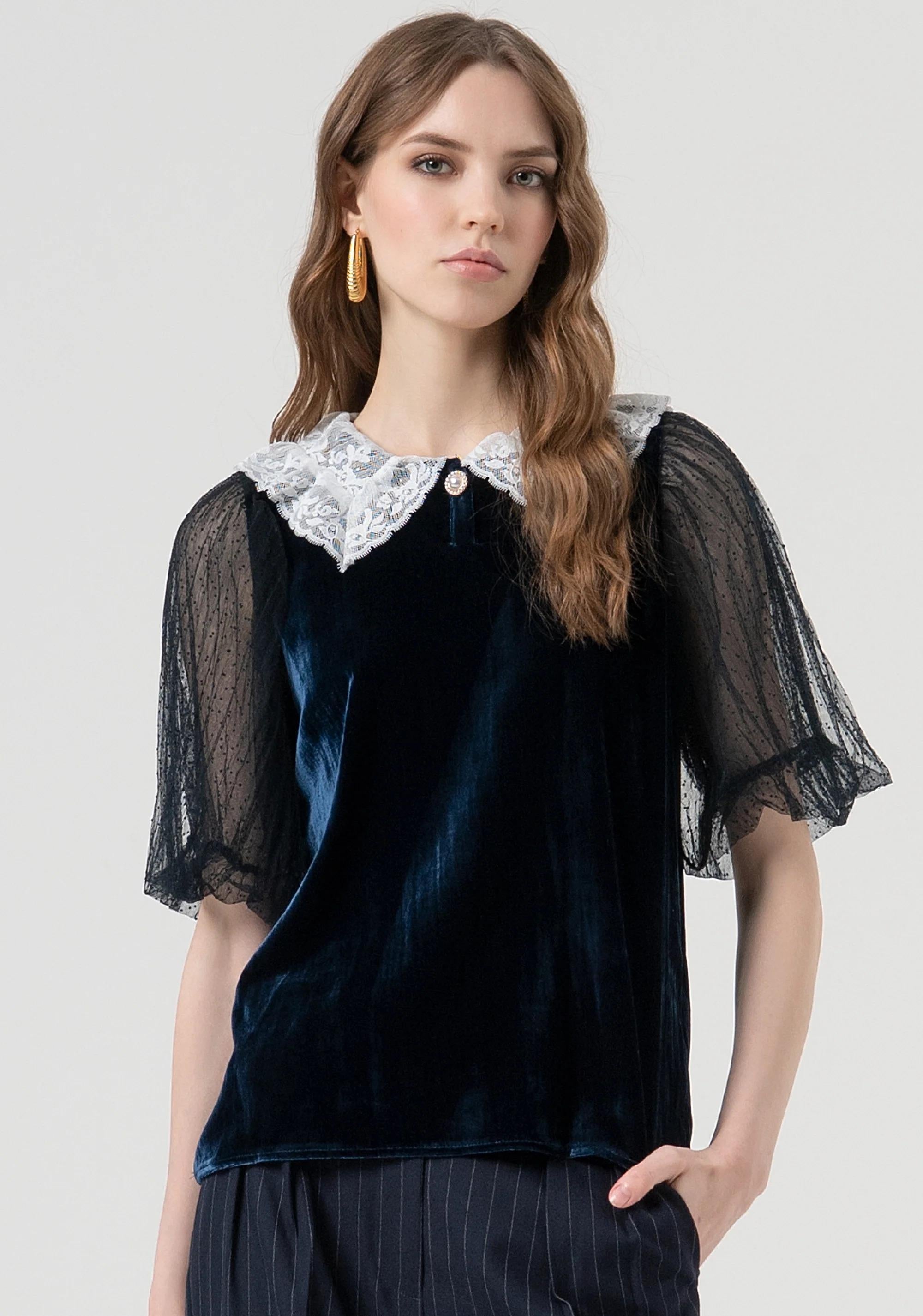 Fracomina Blusa regular in velluto con seta dark blue white FR25WT3037J48701 270 FRACOMINA 