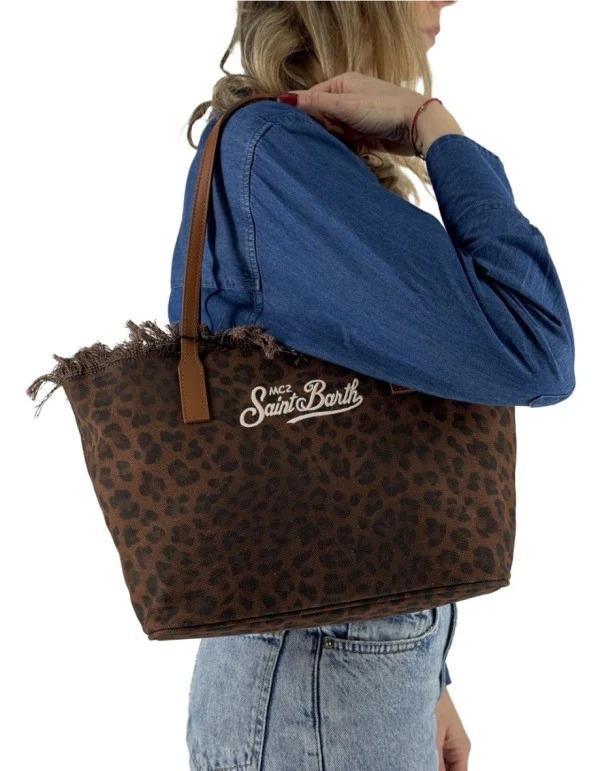 Borsa shopper City medium dark leopard in canvas con frange CBMF001 00588L MC2 SAINT BARTH 
