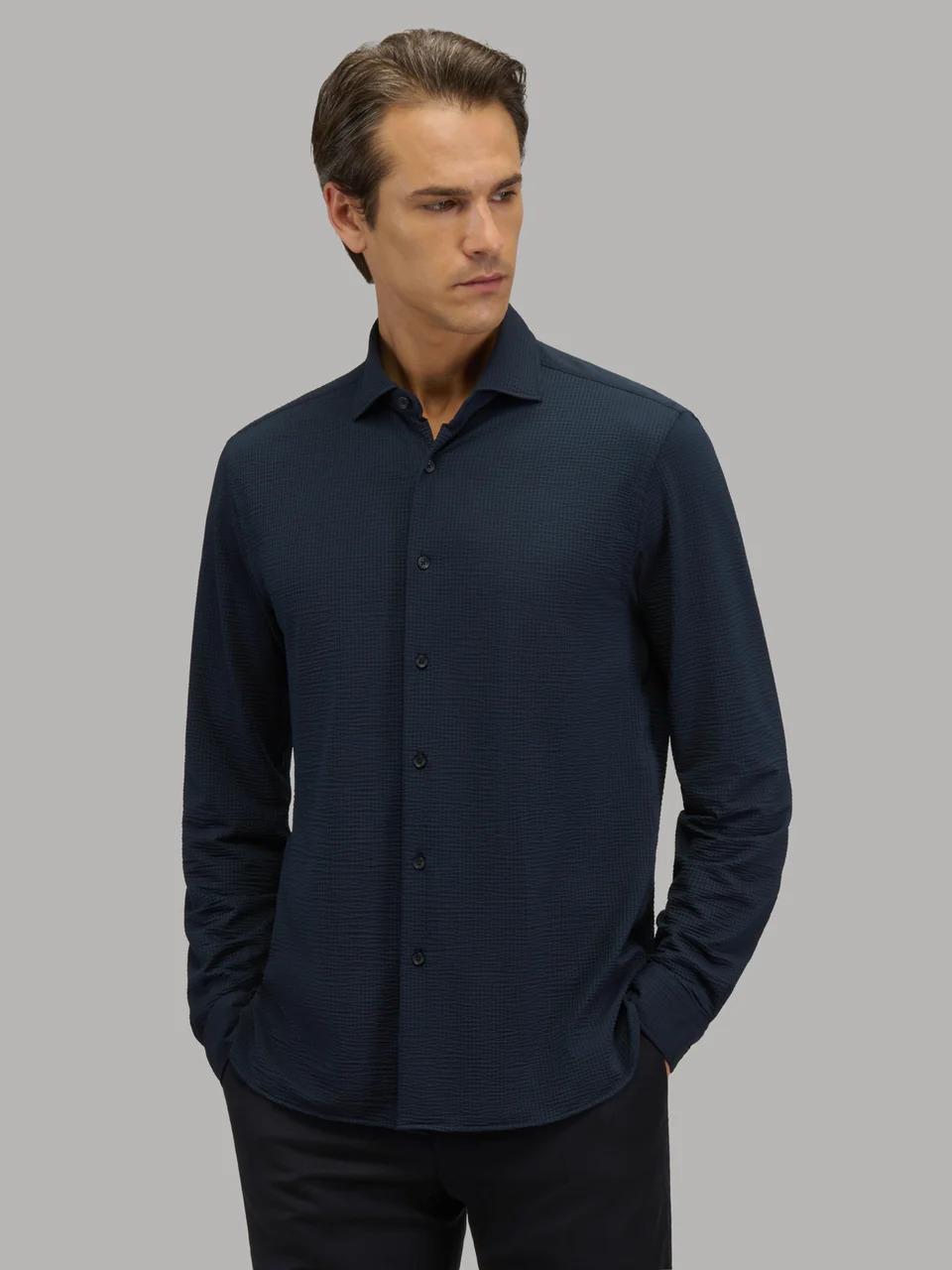 XACUS ACTIVE<BR/>Camicia Collo Francese Piccolo Tinta Unita Seersucker Blu Navy 422619-21616 006 XACUS 