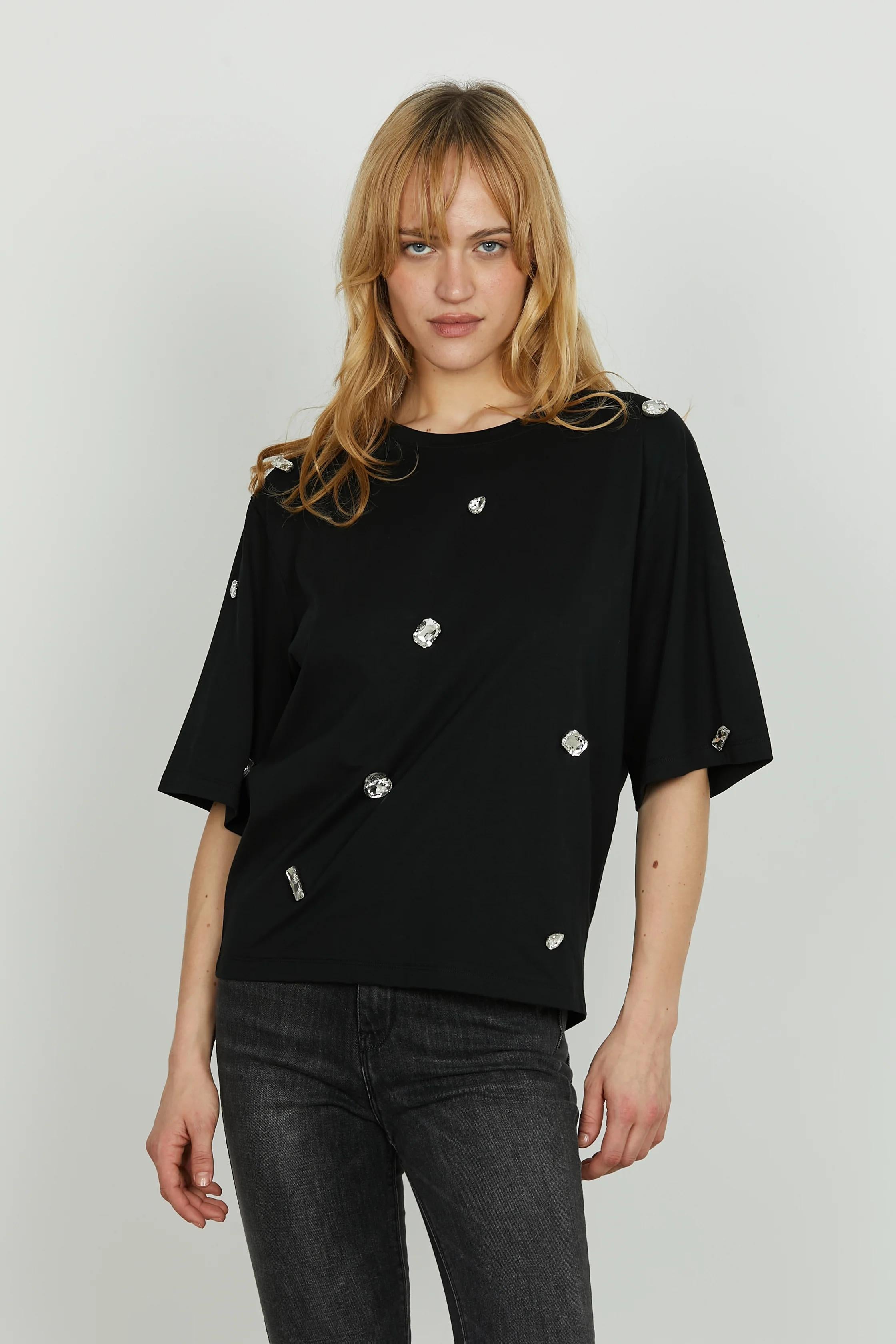 Relish T-shirt ROMOALD mezza manica con pietre strass black RDA250133011 BLACK RELISH 